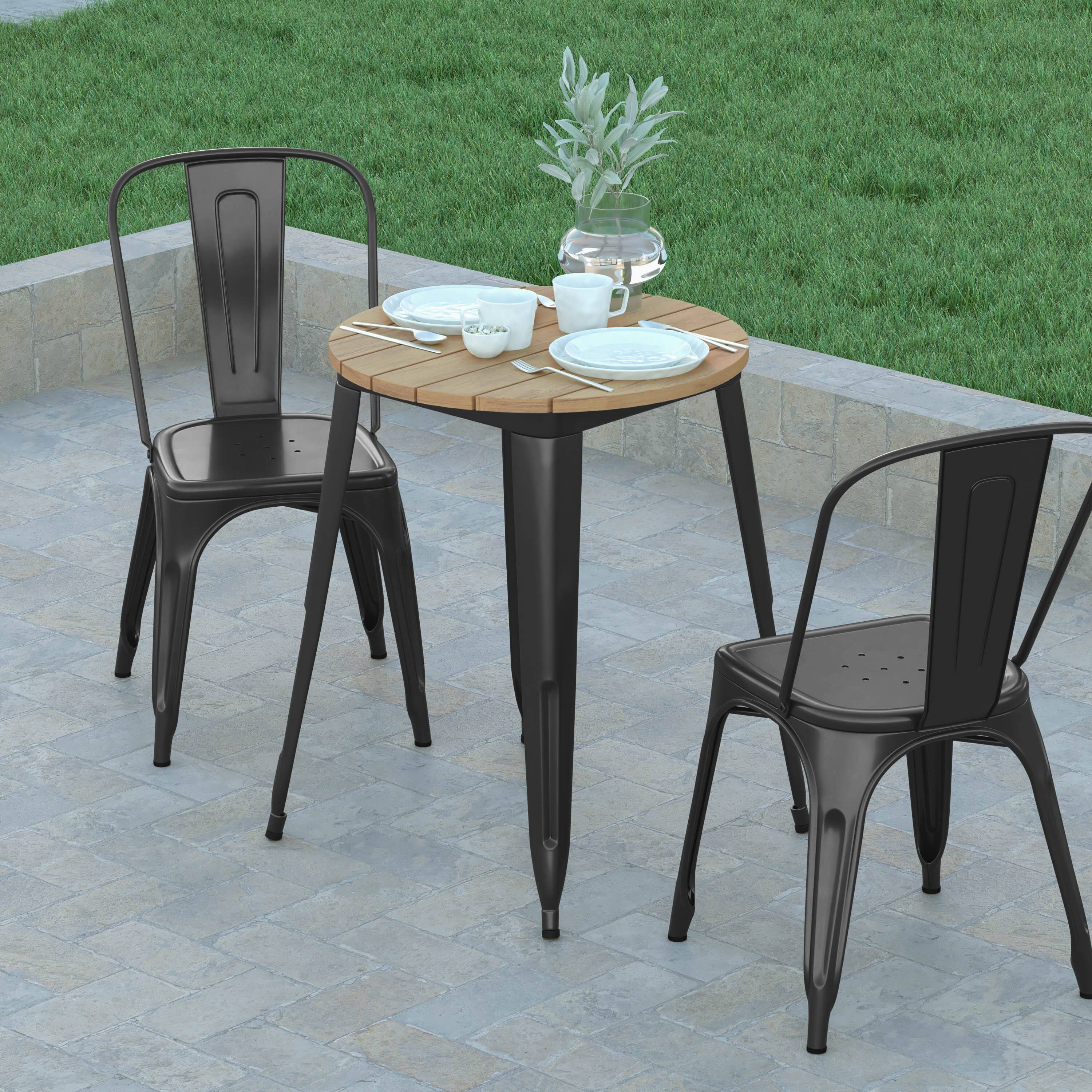 Alt View 3. Emma + Oliver - Drew Indoor/Outdoor Dining Table, 23.75" Round All Weather Poly Resin Top with Steel Base - Brown Top/Black Frame.