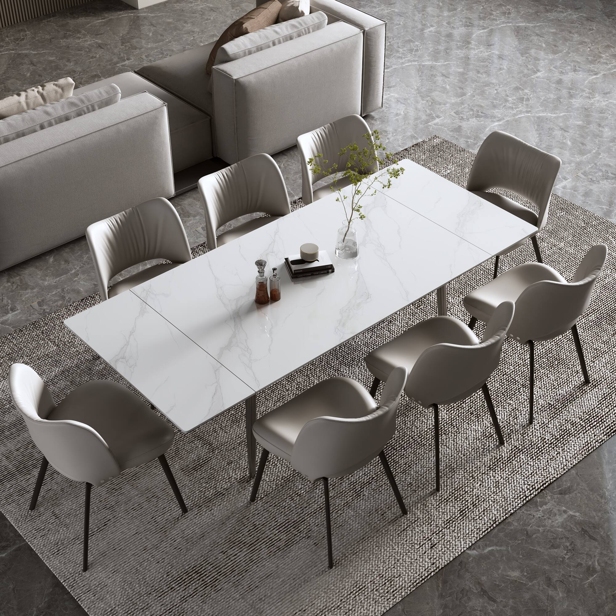 Alt View 4. luck idea - 94.4" Retractable Sintered Stone Dining Table, Seats 8 - 10 People - Bright white.