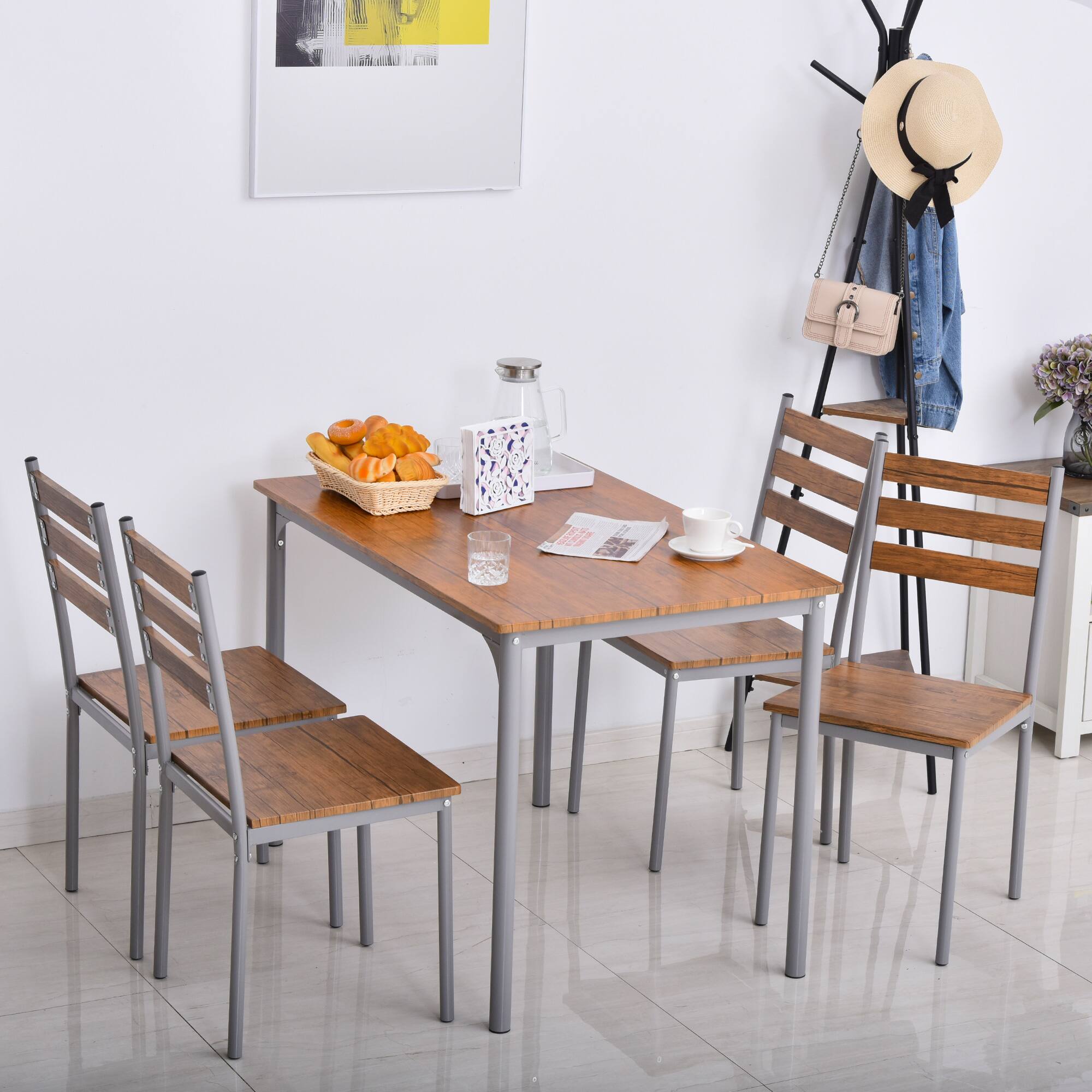 Alt View 5. Homcom - Modern Dining Table Set for 4, 5-Piece Kitchen Table Set, Rectangular Dining Table and 4 Chairs for Small Space - Brown.