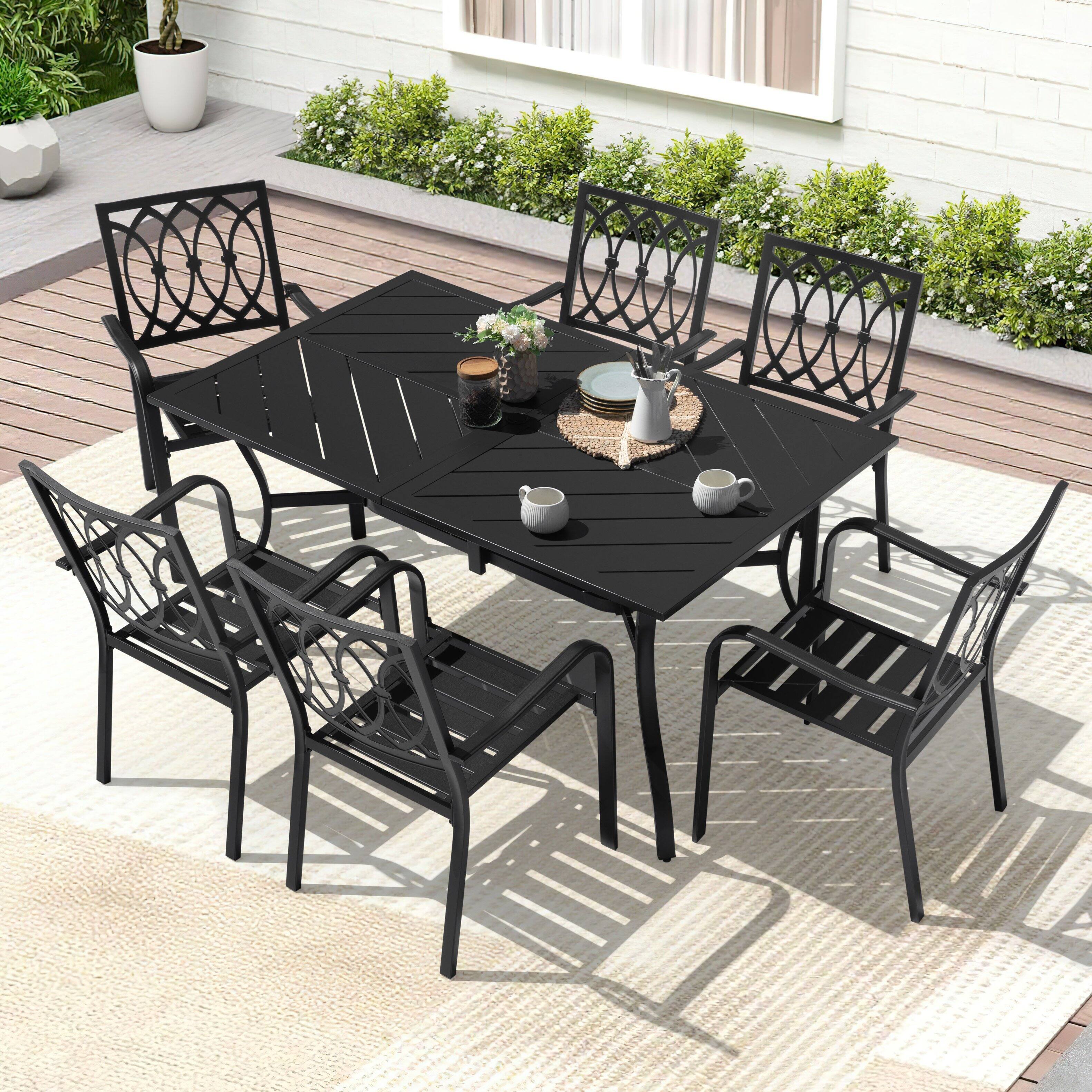 Left. Nuu Garden - 7-Piece Metal Patio Dining Set with Umbrella Hole and 6 Stackable Chairs - Black.