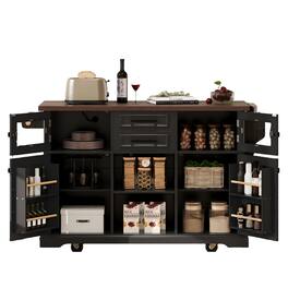 Ecooso - Kitchen Island with Drop Leaf & Power Outlet, Storage Cart with Door Shelves, Barn & Glass Doors, 4 Rolling Wheels - Black