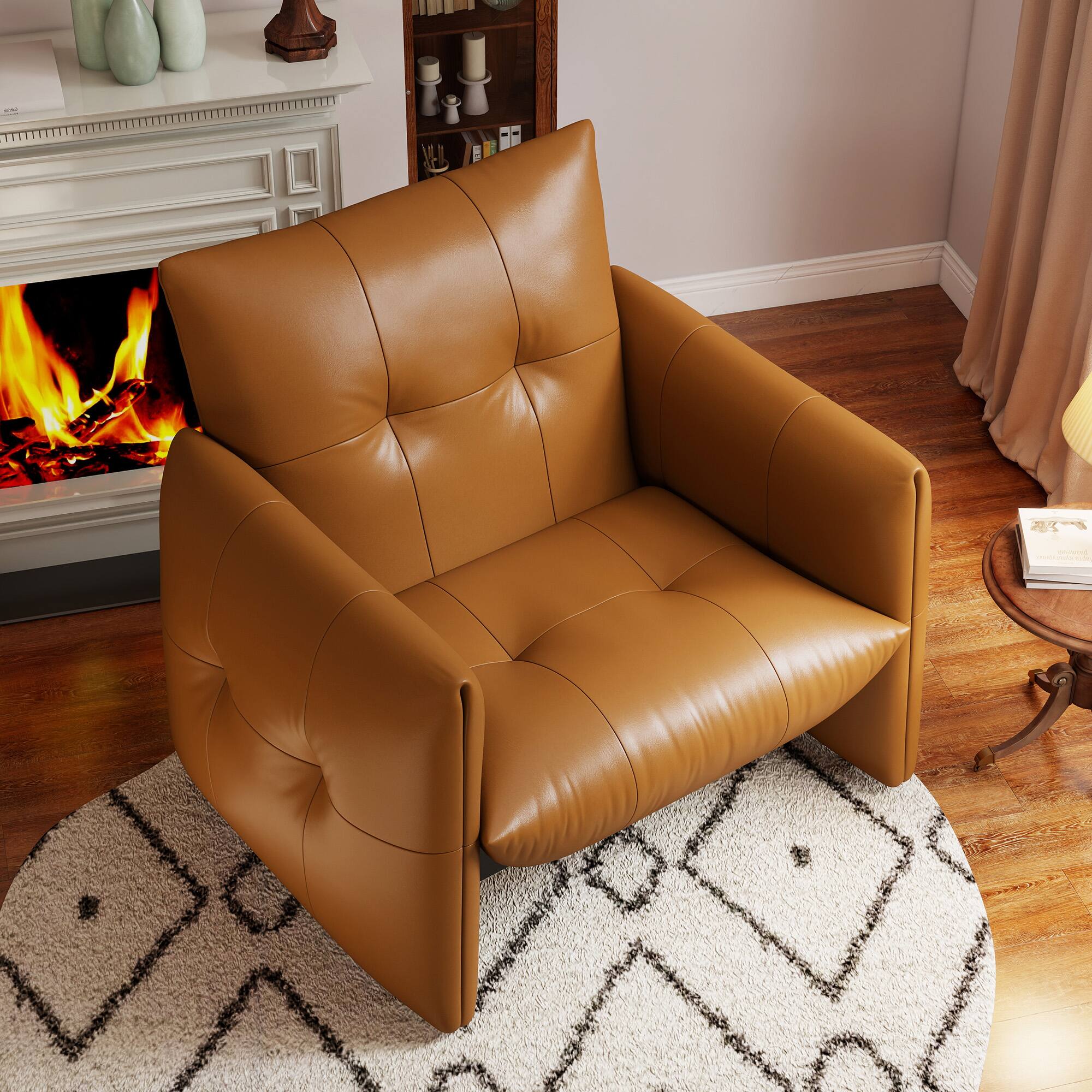 Back. luck idea - 34.64" Lounge Accent Chair Sofa, Faux Leather Upholstered Armchair with Thick Cushion & Solid Wood Frame - Orange.