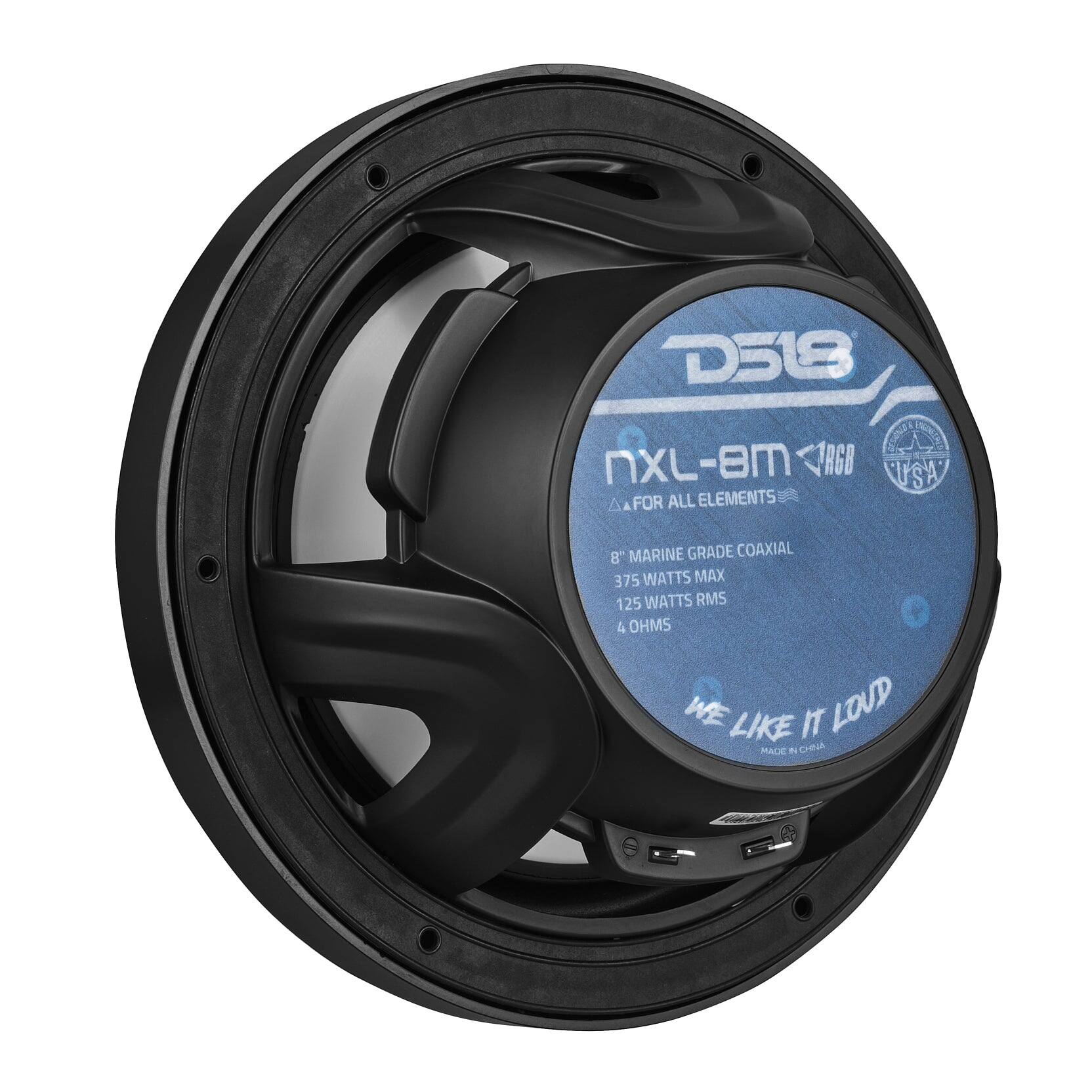 D518 NXL-8M RGB USA  
FOR ALL ELEMENTS  
8" MARINE GRADE COAXIAL  
375 WATTS MAX  
125 WATTS RMS  
4 OHMS  
WE LIKE IT LOUD  
MADE IN CHINA