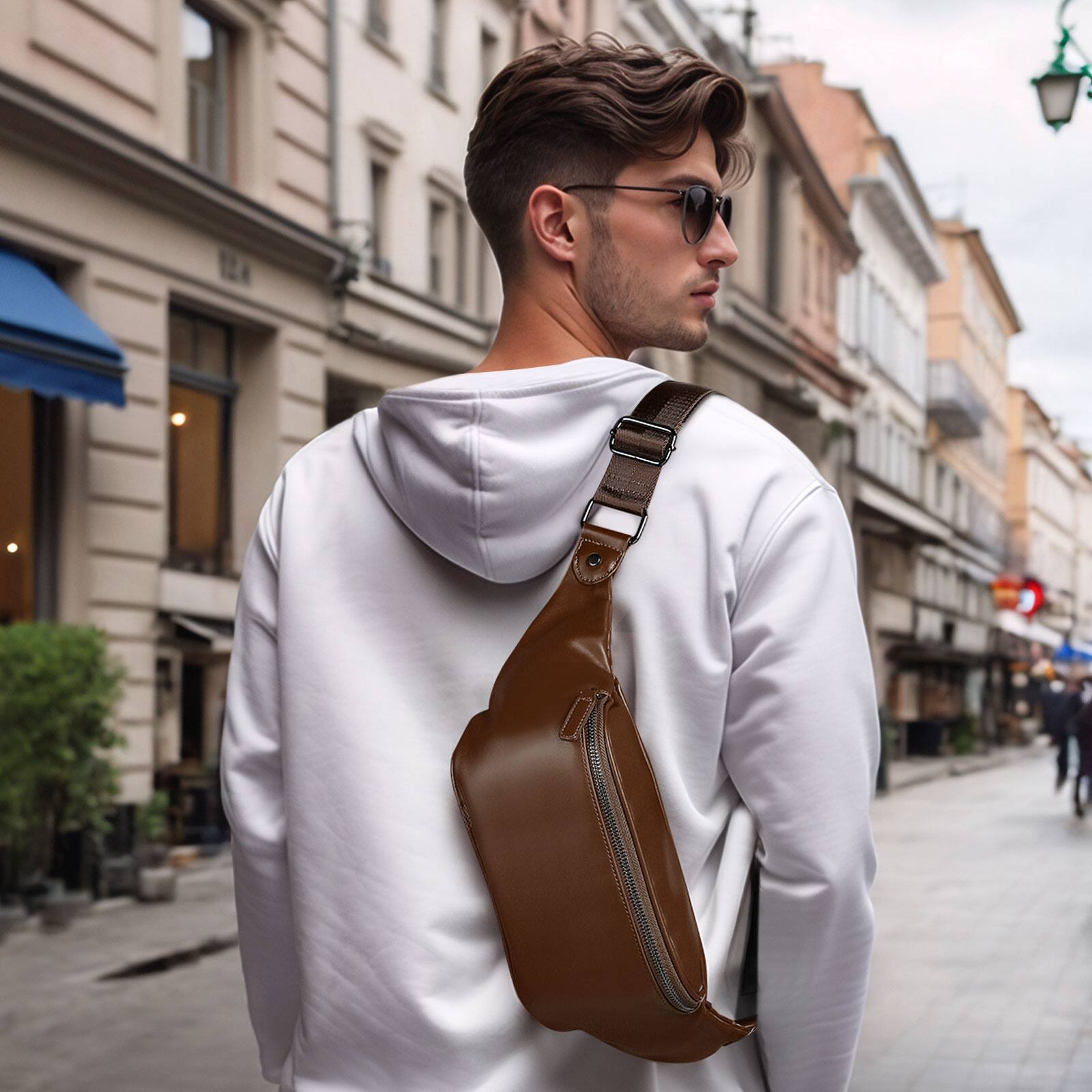 Alt View 1. Unique Bargains - Soft Faux Leather Fanny Pack Crossbody Waist Pack with Adjustable Strap Large Pocket Sturdy Zippers for Travel Hiking - Long Brown.