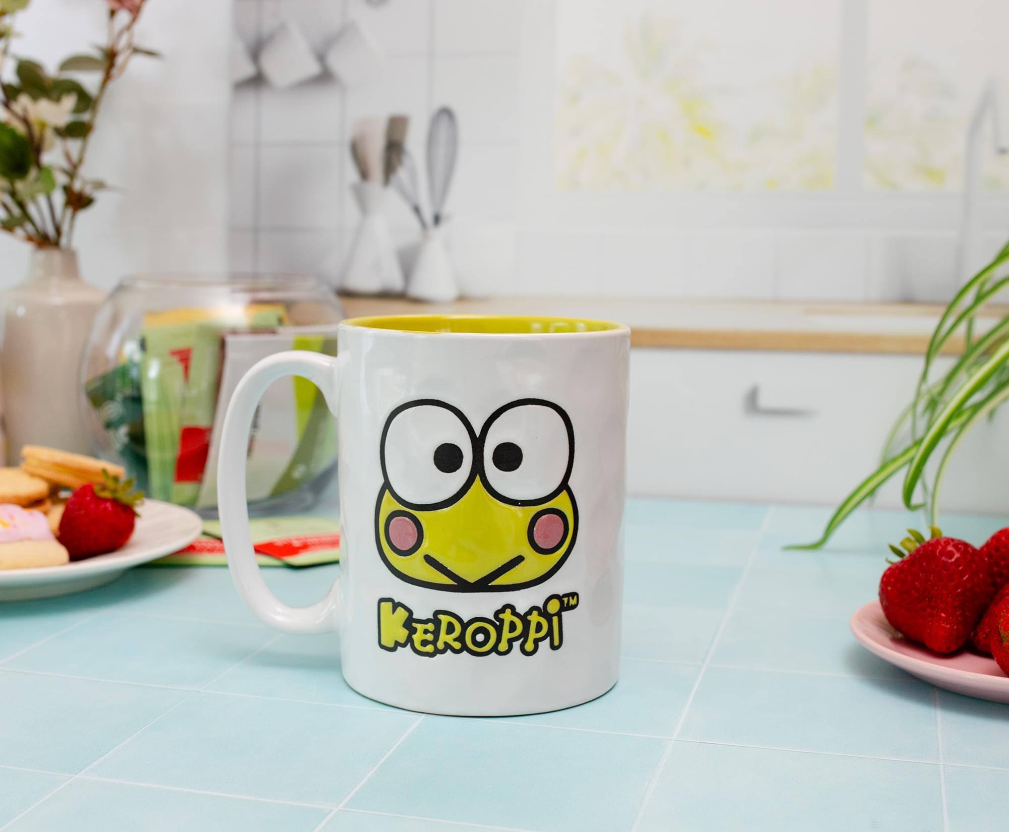 Alt View 2. Silver Buffalo - Sanrio Keroppi Face Wax-Resist Ceramic Pottery Mug | Holds 17 Ounces - White.