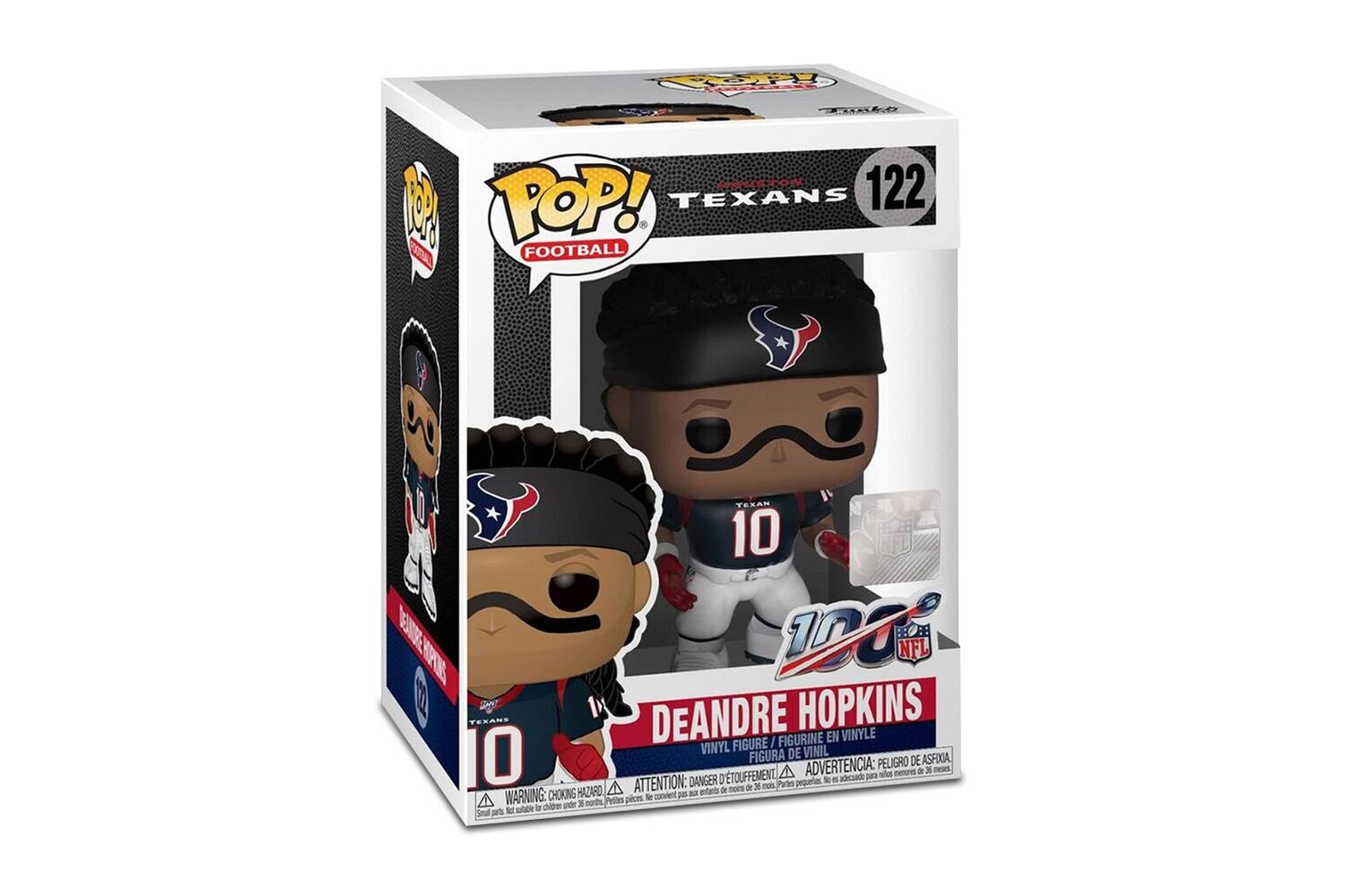 Sure, here is the corrected and grouped text from the image:

---

**Front:**
- POP! TEXANS 122
- FOOTBALL
- DEANDRE HOPKINS
- VINYL FIGURE / FIGURINE EN VINYLE / FIGURA DE VINIL / FIGURA DE VINIL
- WARNING: CHOKING HAZARD - SMALL PARTS. NOT FOR CHILDREN UNDER 3 YEARS. / ATTENTION: PELIGRO DE ASFIXIA - PIEZAS PEQUEÑAS. NO APTO PARA NIÑOS MENORES DE 3 AÑOS. / ADVERTENCIA: PELIGRO DE ASFIXIA - PETITES PIÈCES. NE PAS LAISSER JEUER À DES ENFANTS DE MOINS DE 3 ANS.

**Side:**
- POP! TEXANS 122
- FOOTBALL

**Bottom:**
- DEANDRE HOPKINS
- VINYL FIGURE / FIGURINE EN VINYLE / FIGURA DE VINIL / FIGURA DE VINIL
- WARNING: CHOKING HAZARD - SMALL PARTS. NOT FOR CHILDREN UNDER 3 YEARS. / ATTENTION: PEL