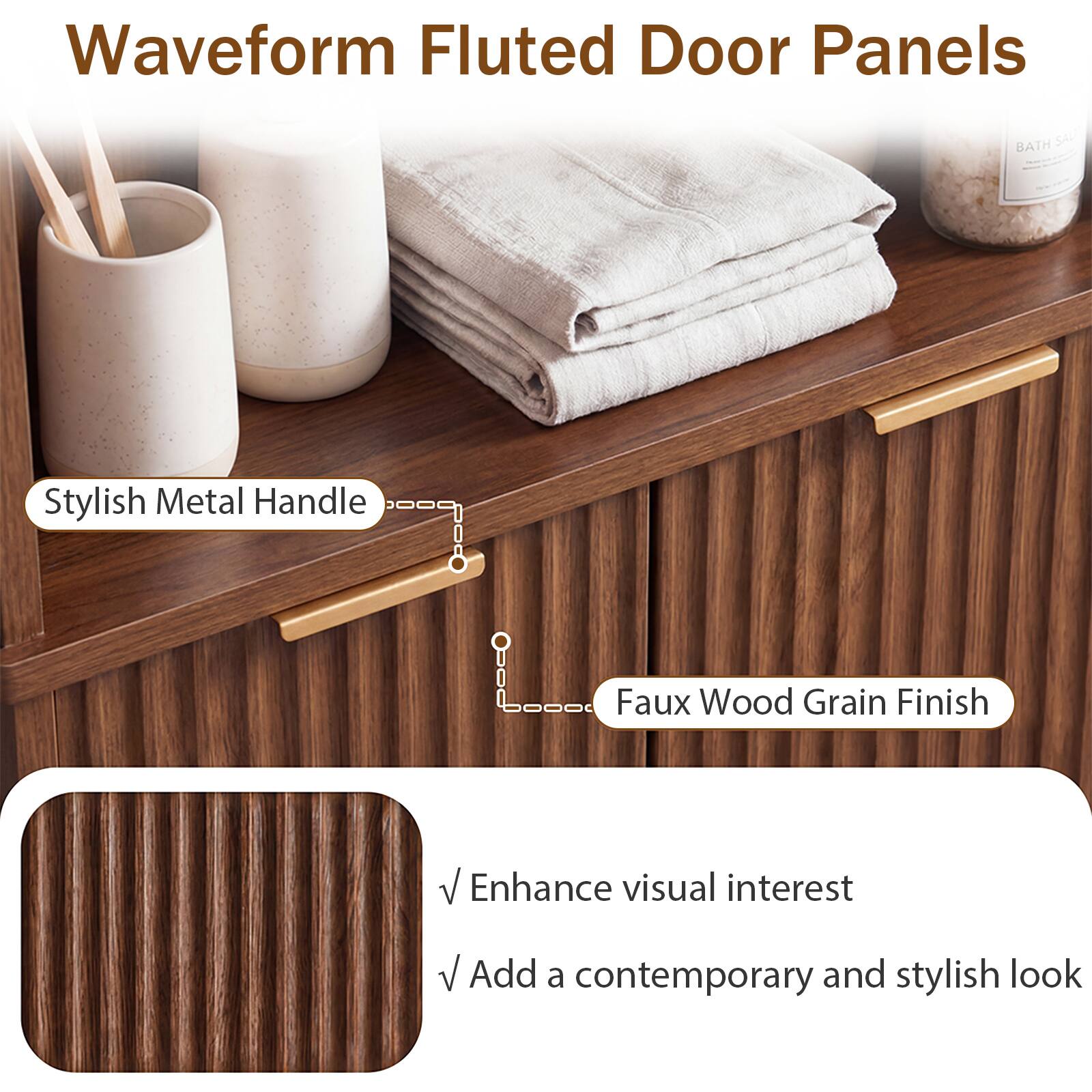 Waveform Fluted Door Panels

- Stylish Metal Handle
- Faux Wood Grain Finish

- Enhance visual interest
- Add a contemporary and stylish look