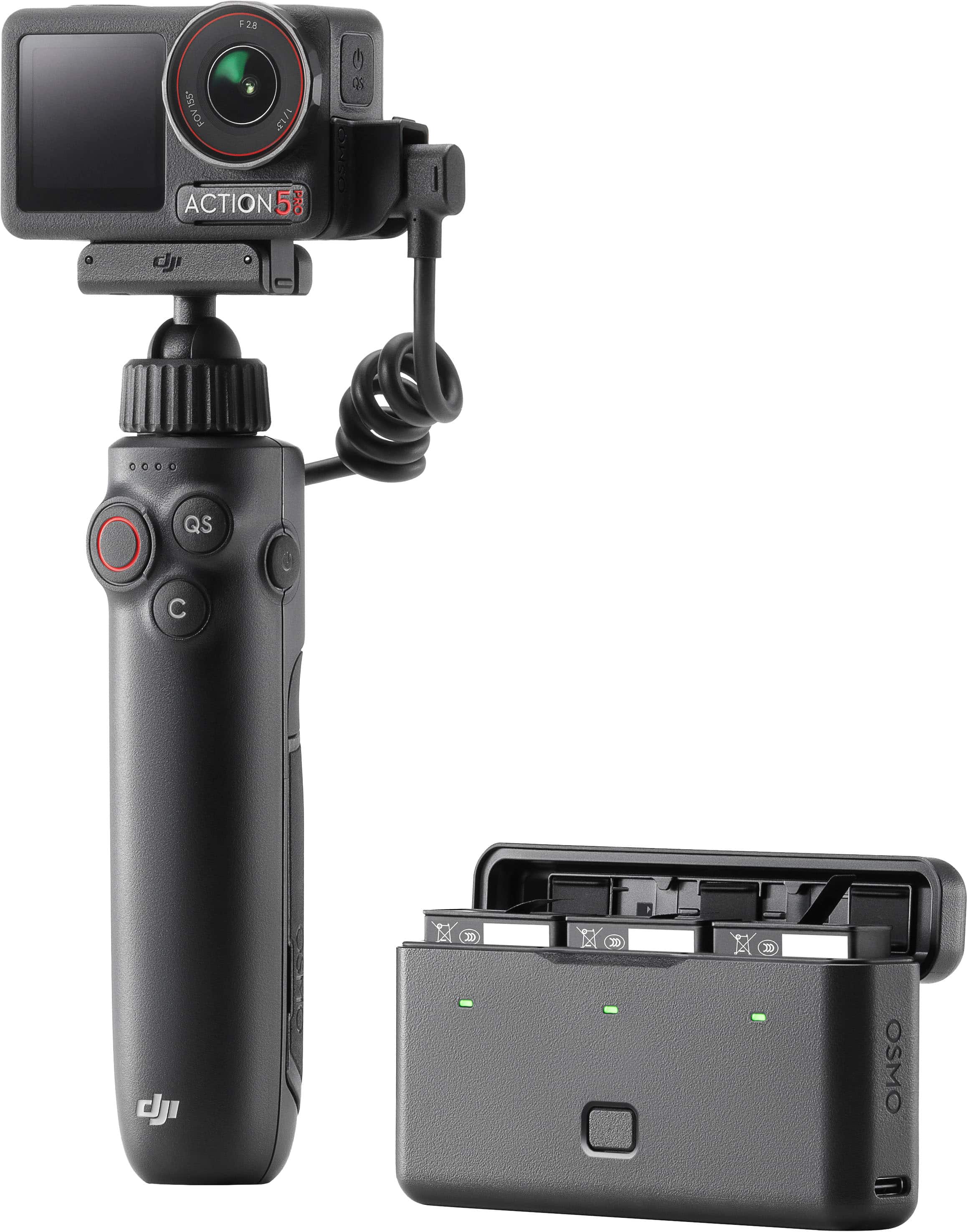 The image features a DJI Osmo camera with a black handle and a silver body. The camera is attached to a tripod, and it is positioned in front of a grey box. The camera is equipped with a green lens, and it is ready for use.