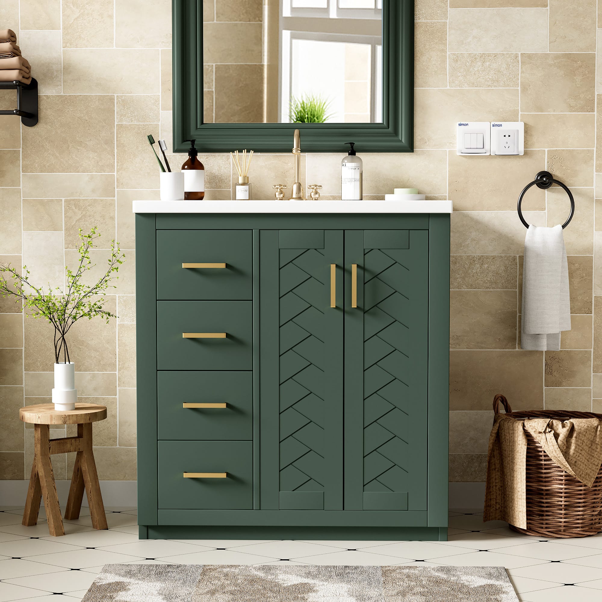 Tiramisubest - 30" Bathroom Vanity with Ceramic Sink Combo,Bathroom Storage Cabinet, Freestanding Vanity Set with 3 Drawers - Green