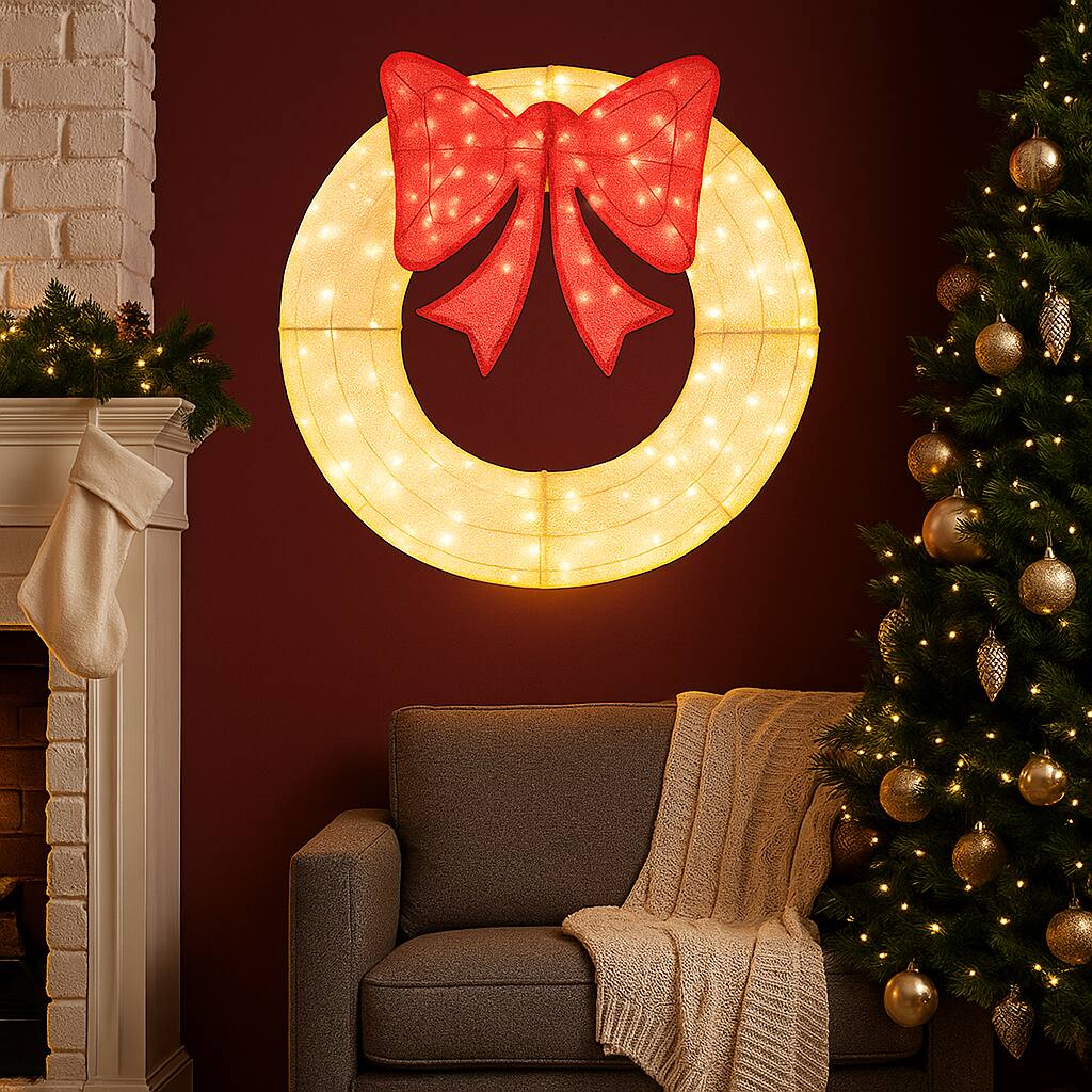 Angle. BreeBe - Lighted 48" Christmas Wreath Mesh Style with 200 LED Bulbs - Yellow.