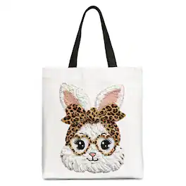 OrnamentallyYou - Easter Bunny Leopard Bow Tote Bag, Coquette Printed Faux Embroidery Girly Spring Gift Shopper - White Black