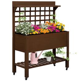 Outsunny - 41" Raised Garden Bed with Trellis on Wheels, Wooden Elevated Planter Box with Legs and Bed Liner - Coffee