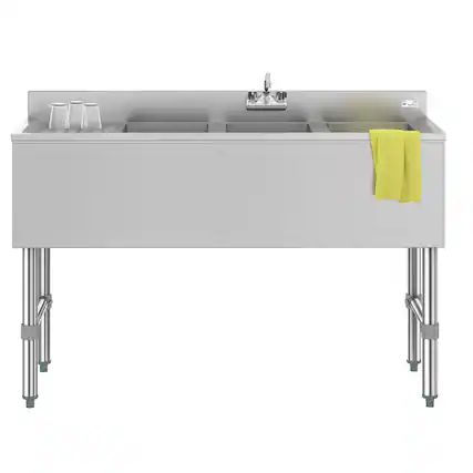 Front. Koolmore - 48 in. Three-Compartment Under-Bar Sink with 3 in. Backsplash, Left Drainboard and Low Lead Faucet, NSF - Stainless Steel.