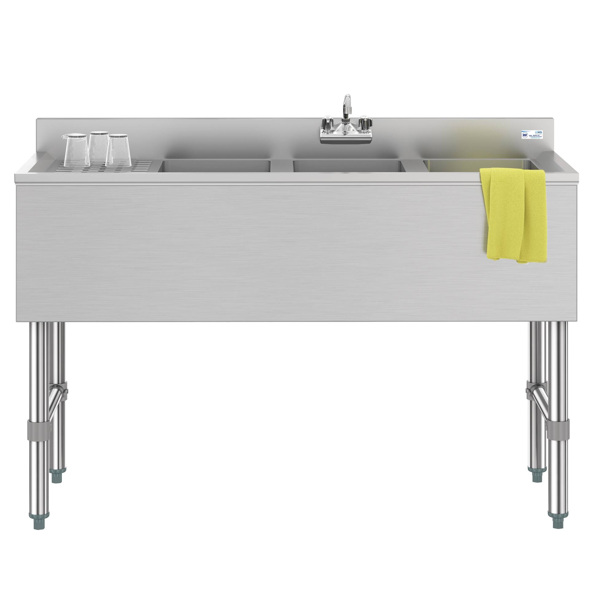 Front. Koolmore - 48 in. Three-Compartment  Under-Bar Sink with 3 in. Backsplash, Left Drainboard and Low Lead Faucet, NSF - Stainless Steel.