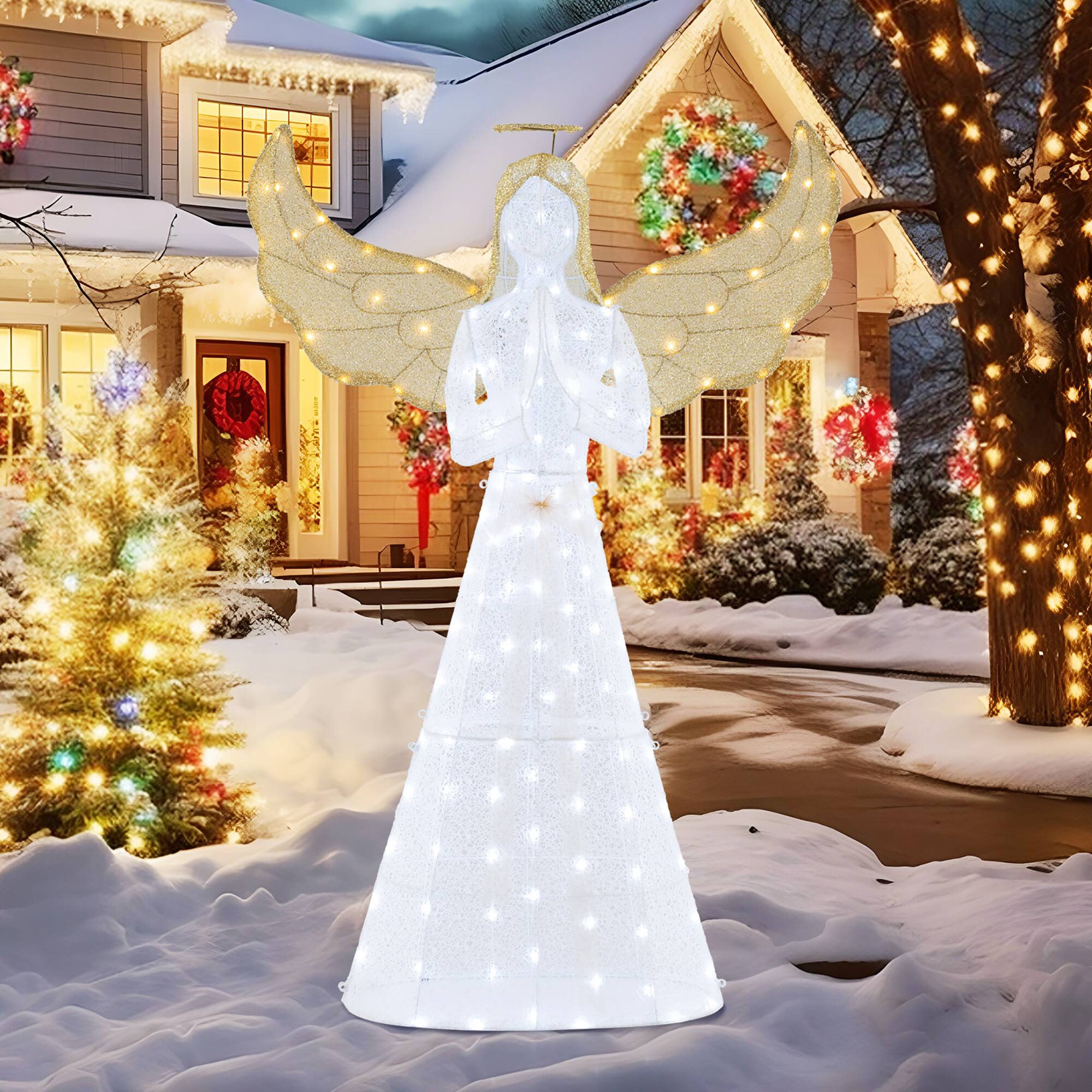 Alt View 1. Gymax - Gymax 5 ft Festive Pre-Lit Angel w/ Halo Wings & 150 LED Lights Zip Ties Ground Stakes - White.