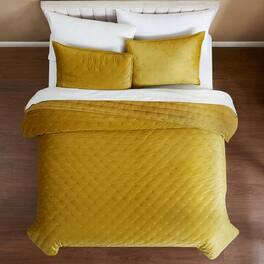 Hivvago - King/CAL King Size 3-Piece Velvet Embroidered Super Soft Quilt Set - Mustard Yellow