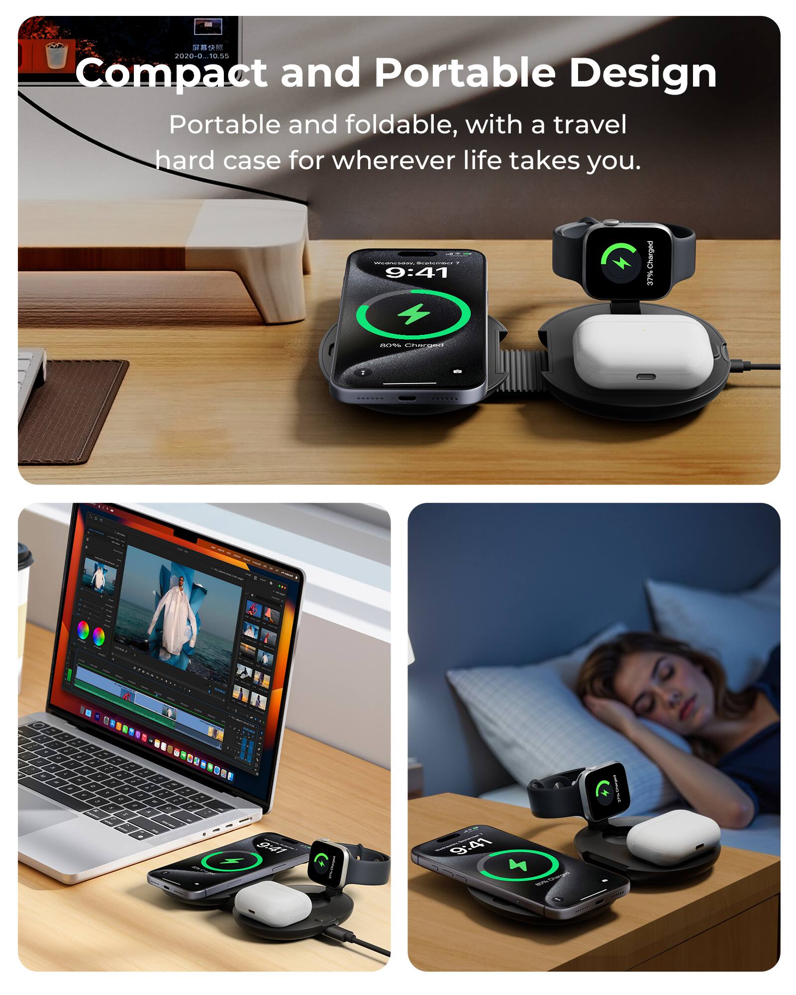 Compact and Portable Design  
Portable and foldable, with a travel hard case for wherever life takes you.  

9:41  
Charged 37%
