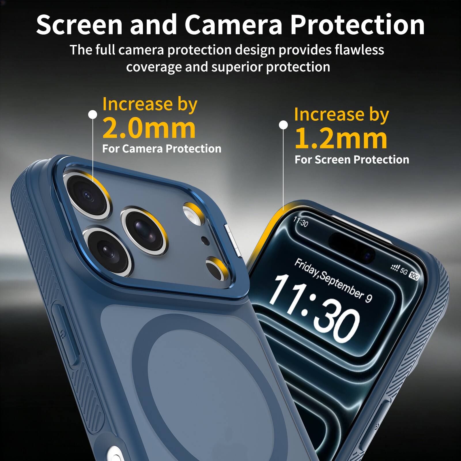 Screen and Camera Protection  
The full camera protection design provides flawless coverage and superior protection  

Increase by 2.0mm  
For Camera Protection  

Increase by 1.2mm  
For Screen Protection  

11:30  
Friday, September 9