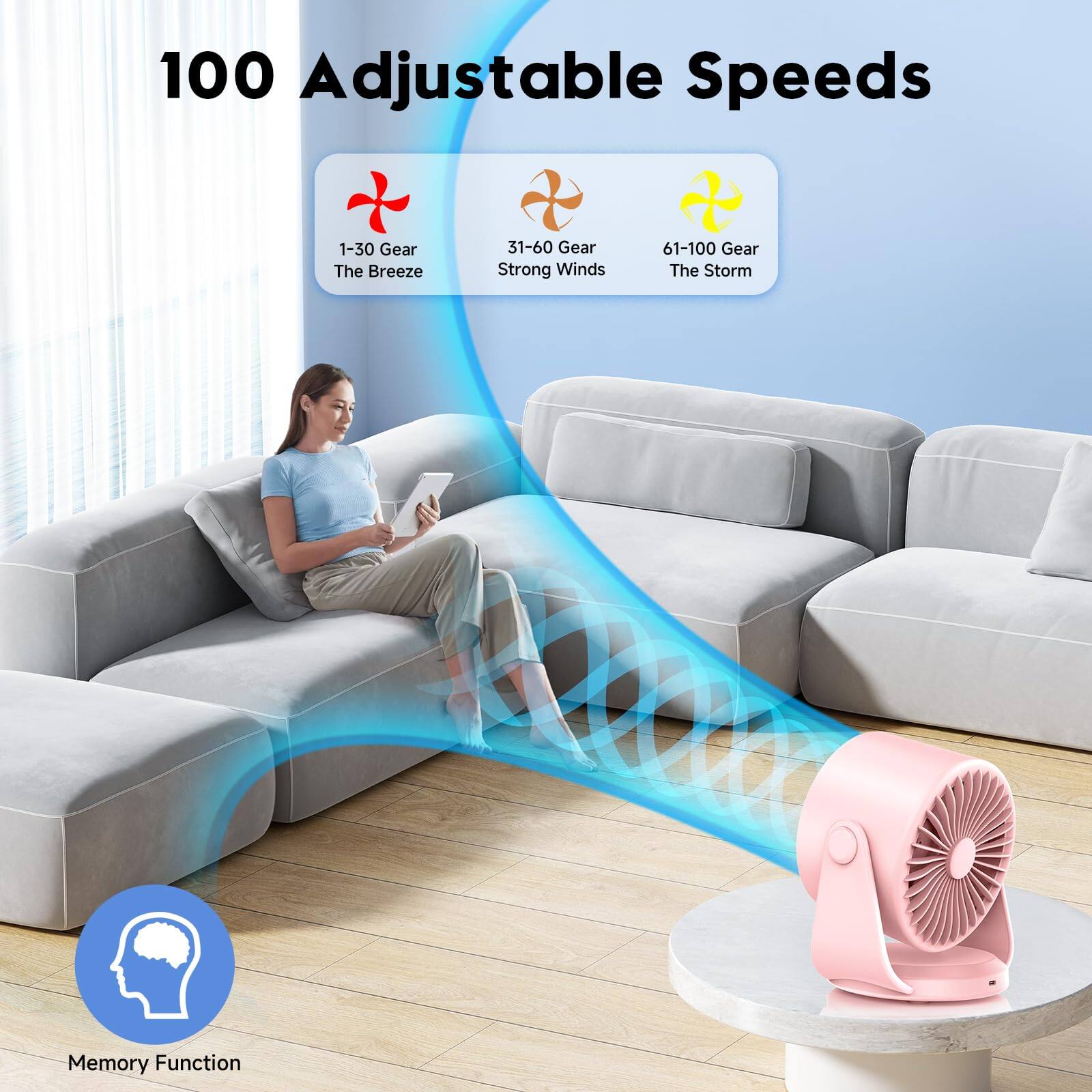 100 Adjustable Speeds

1-30 Gear: The Breeze  
31-60 Gear: Strong Winds  
61-100 Gear: The Storm

10 Memory Function