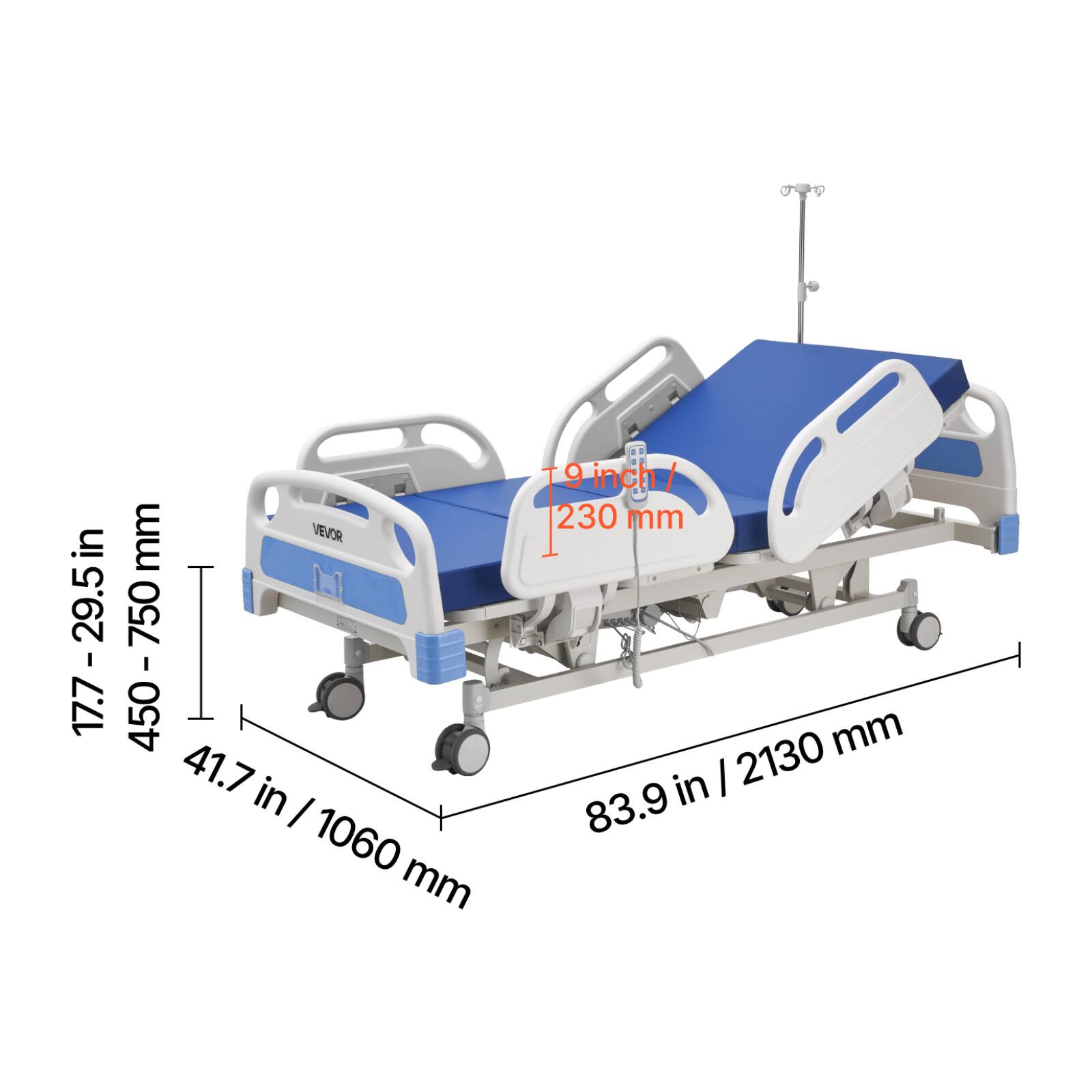 17.7 - 29.5 in / 450 - 750 mm  
41.7 in / 1060 mm  
9 inch / 230 mm  
83.9 in / 2130 mm