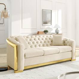 Anysun - 84" 3-Seat Velvet Chesterfield Sofa - Button Tufted, Gold Stainless Steel Trim, Mid-Century Modern with 2 Pillows - Beige