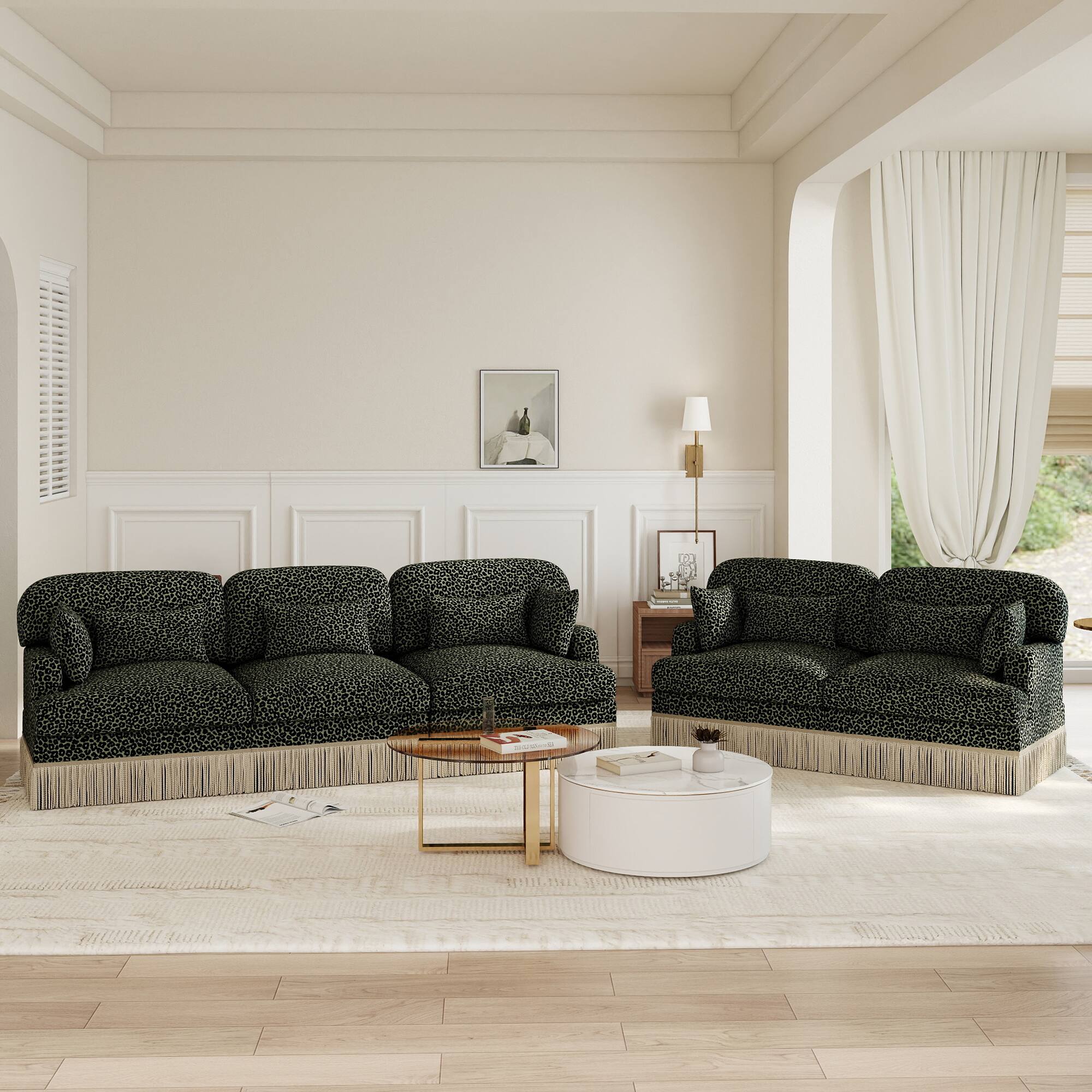 Back. Anysun - 131" Comfy Chenille Leopard Print U-Shaped Modern Fashion Sofa – Delicate Tassel Edge, Movable Ottomans, Easy Assembly - Green.