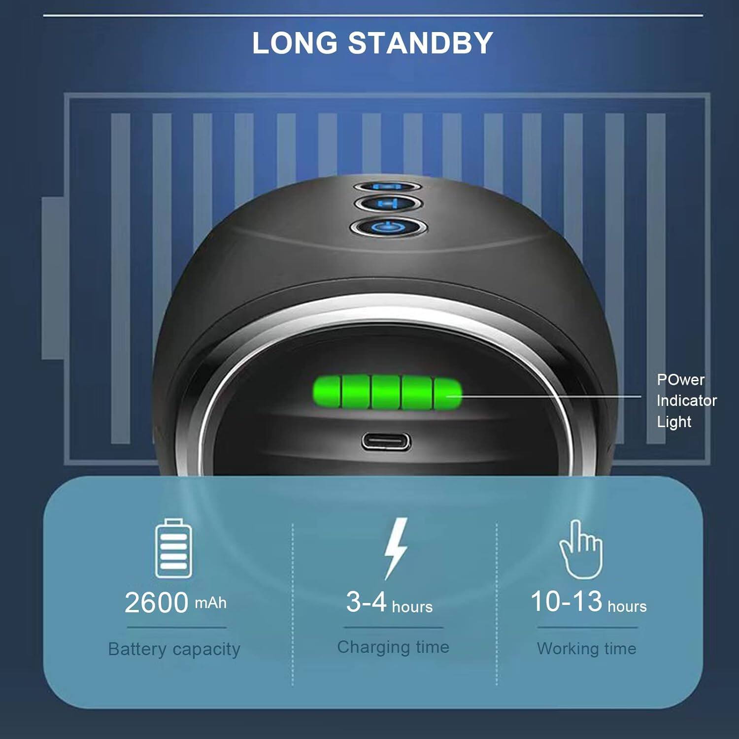 LONG STANDBY

- 2600 mAh
  - Battery capacity

- 3-4 hours
  - Charging time

- 10-13 hours
  - Working time

Power Indicator Light