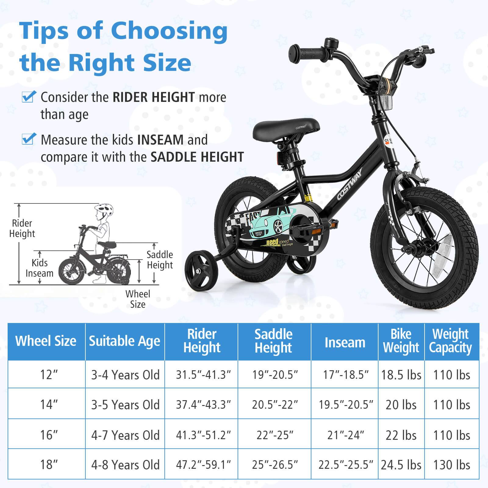 Tips of Choosing the Right Size

- Consider the RIDER HEIGHT more than age
- Measure the kids INSEAM and compare it with the SADDLE HEIGHT

| Wheel Size | Suitable Age | Rider Height | Saddle Height | Inseam | Bike Weight | Weight Capacity |
|------------|-------------|-------------|--------------|--------|-------------|----------------|
| 12"        | 3-4 Years Old | 31.5"-41.3"  | 19"-20.5"     | 17"-18.5" | 18.5 lbs    | 110 lbs        |
| 14"        | 3-5 Years Old | 37.4"-43.3"  | 20.5"-22"     | 19.5"-20.5" | 20 lbs    | 110 lbs        |
| 16"        | 4-7 Years Old | 41.3"-51.2"  | 22"-25"       | 21"-24"   | 22 lbs    | 110 lbs       