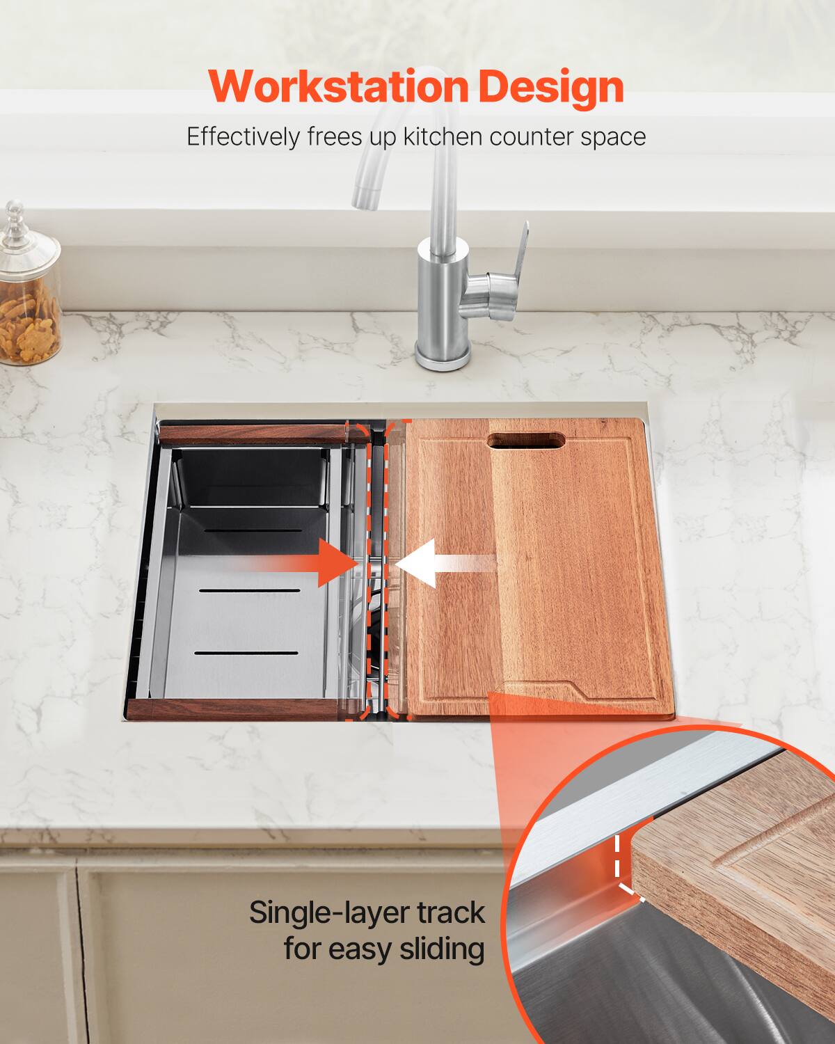 Workstation Design
Effectively frees up kitchen counter space
Single-layer track for easy sliding