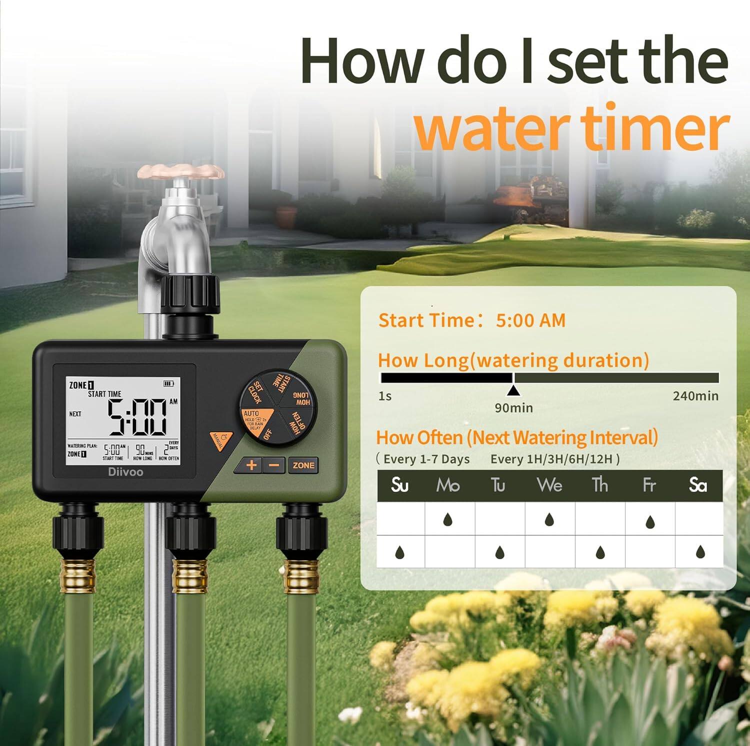 How do I set the water timer

Start Time: 5:00 AM

How Long (watering duration)
1s 90min 240min

How Often (Next Watering Interval)
(Every 1-7 Days) (Every 1H/3H/6H/12H)

Su Mo Tu We Th Fr Sa

ZONE 1 START TIME 5:00 AM NEXT 5:00

WATERING PLAN
START TIME 5:00 AM
DURATION 90min
NEXT 240min

AUTO OFF

ZONE 2

Divoo