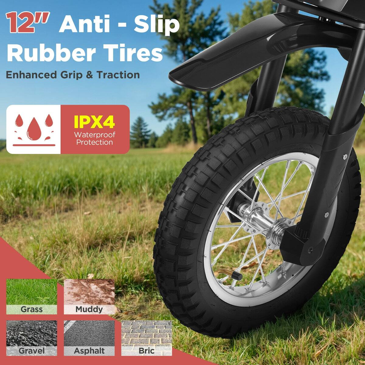 12" Anti-Slip Rubber Tires Enhanced Grip & Traction IPX4 Waterproof Protection Grass Muddy Gravel Asphalt Brick