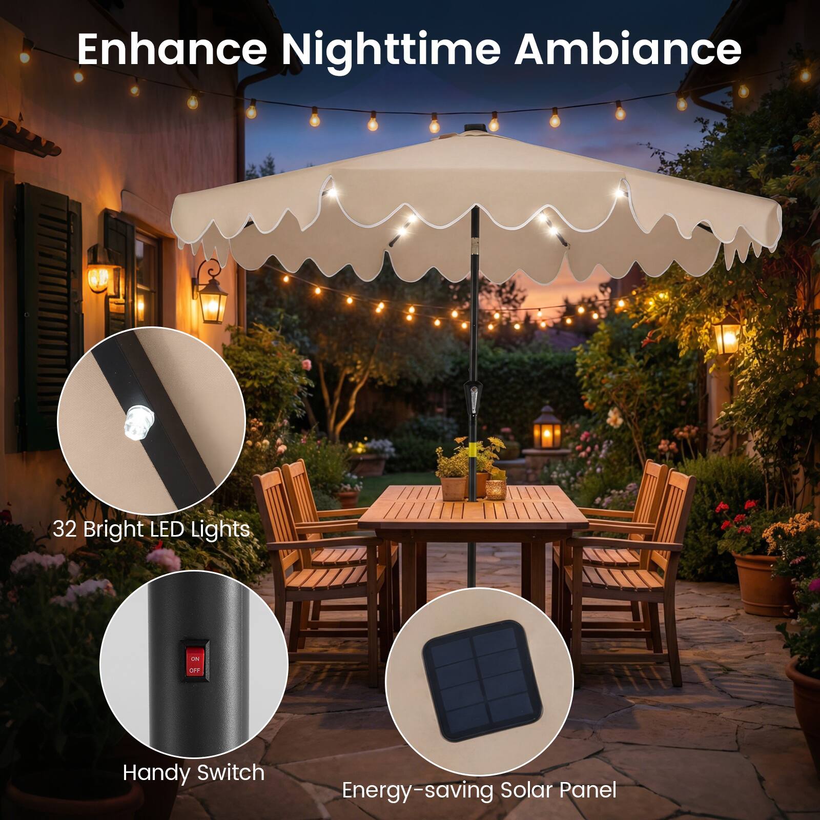 Enhance Nighttime Ambiance

32 Bright LED Lights

Handy Switch

Energy-saving Solar Panel