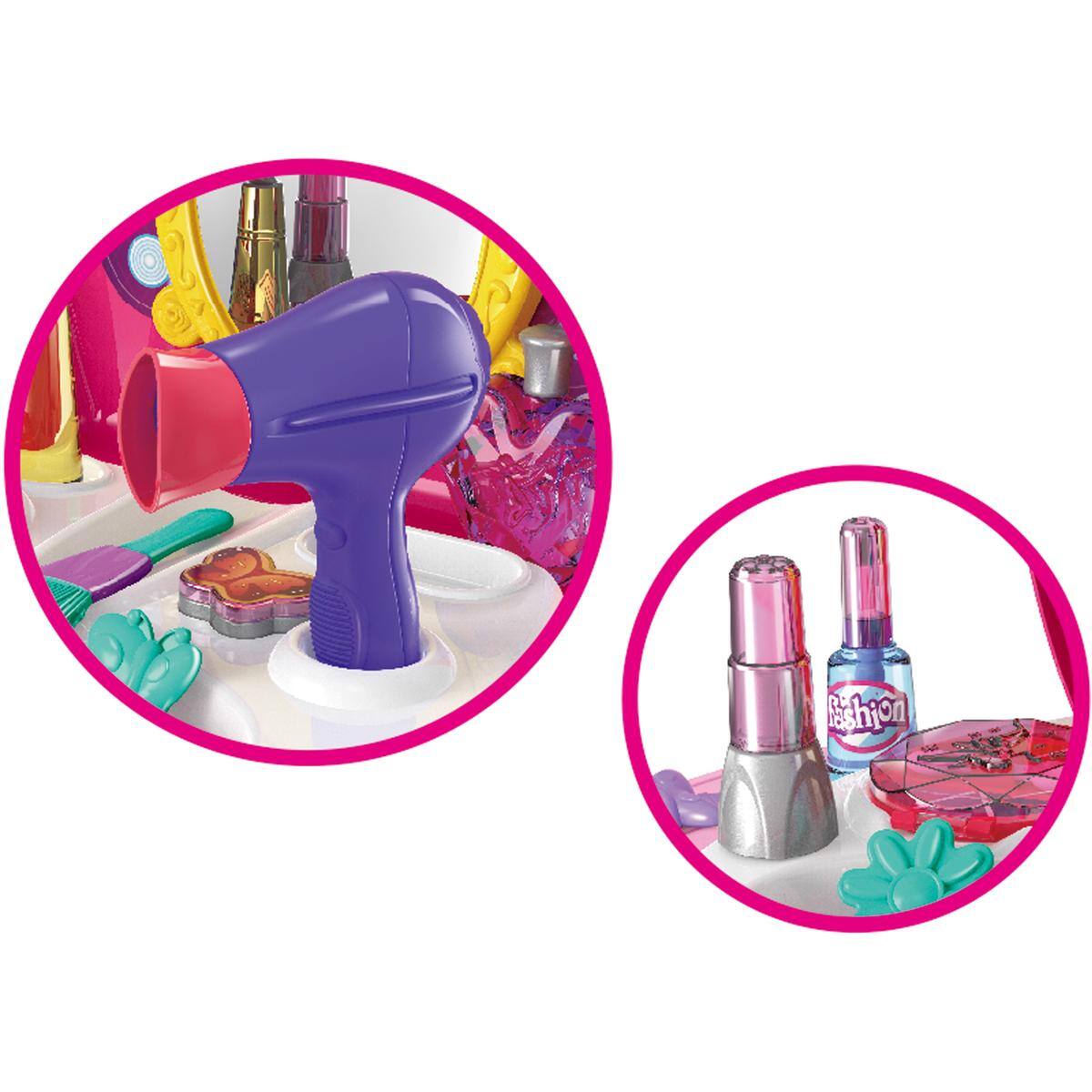 Angle. JuzToys - Pretend Play for Toddlers 3-5, 20pcs Hair Salon Makeup Toys for Girls with Makeup Box Cosmetic Hair Dryer Comb Pink - Pink.