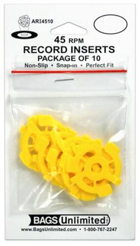 ARI4510  
45 RPM RECORD INSERTS  
PACKAGE OF 10  
Non-Slip • Snap-in • Perfect Fit  

BAGS Unlimited  
www.BagsUnlimited.com • 1-800-767-2247