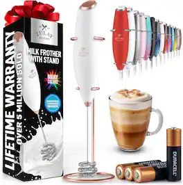 Zulay Kitchen - Tornado Whisk Milk Frother with 4 AA Duracell Batteries - Triple Whisk for More Power - Executive White and Rose Gold