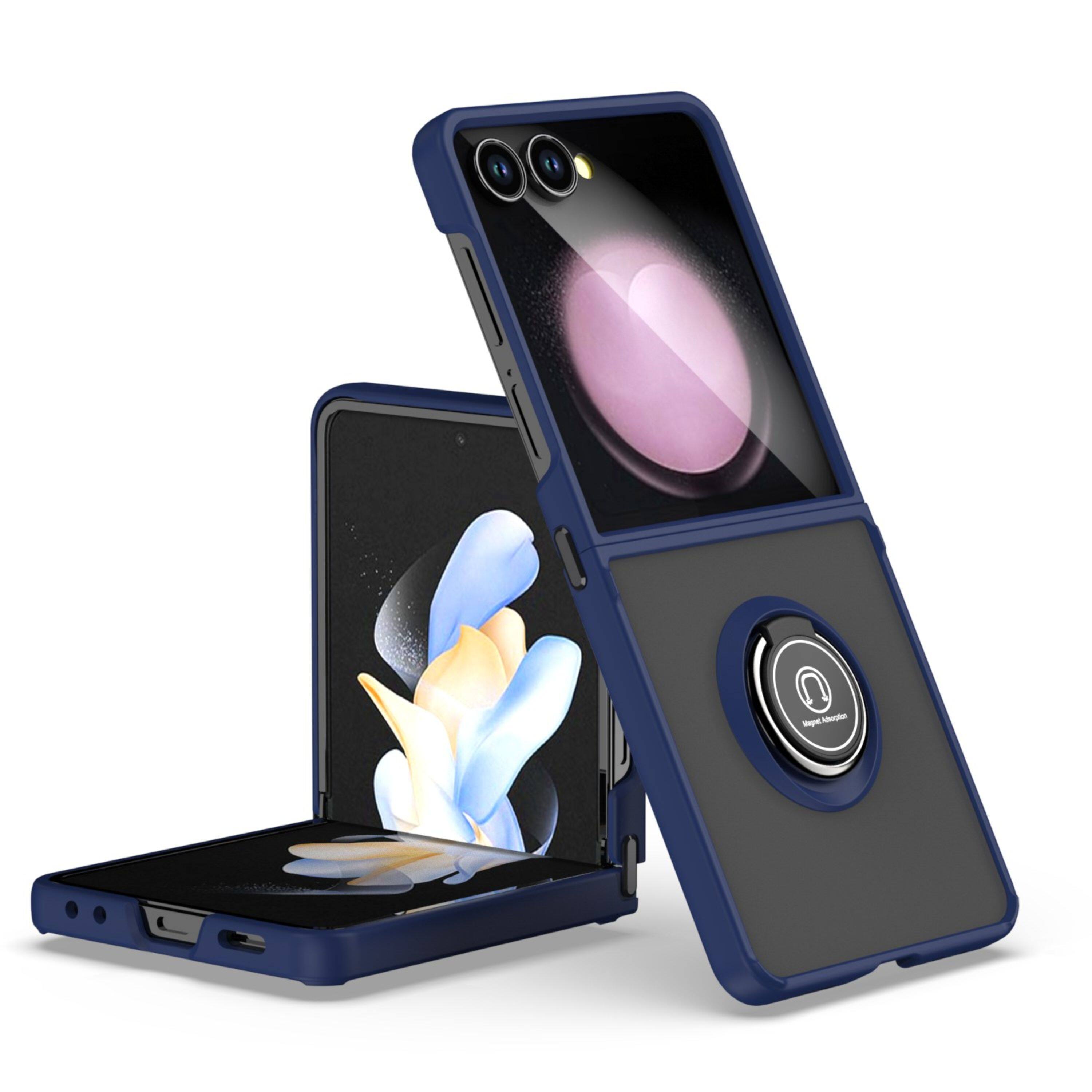 Left. Kitcheniva - Frosted Back Case With Metal Ring Stand Tempered Glass For Samsung Z Flip7 Clear/Blue - Clear/Blue.