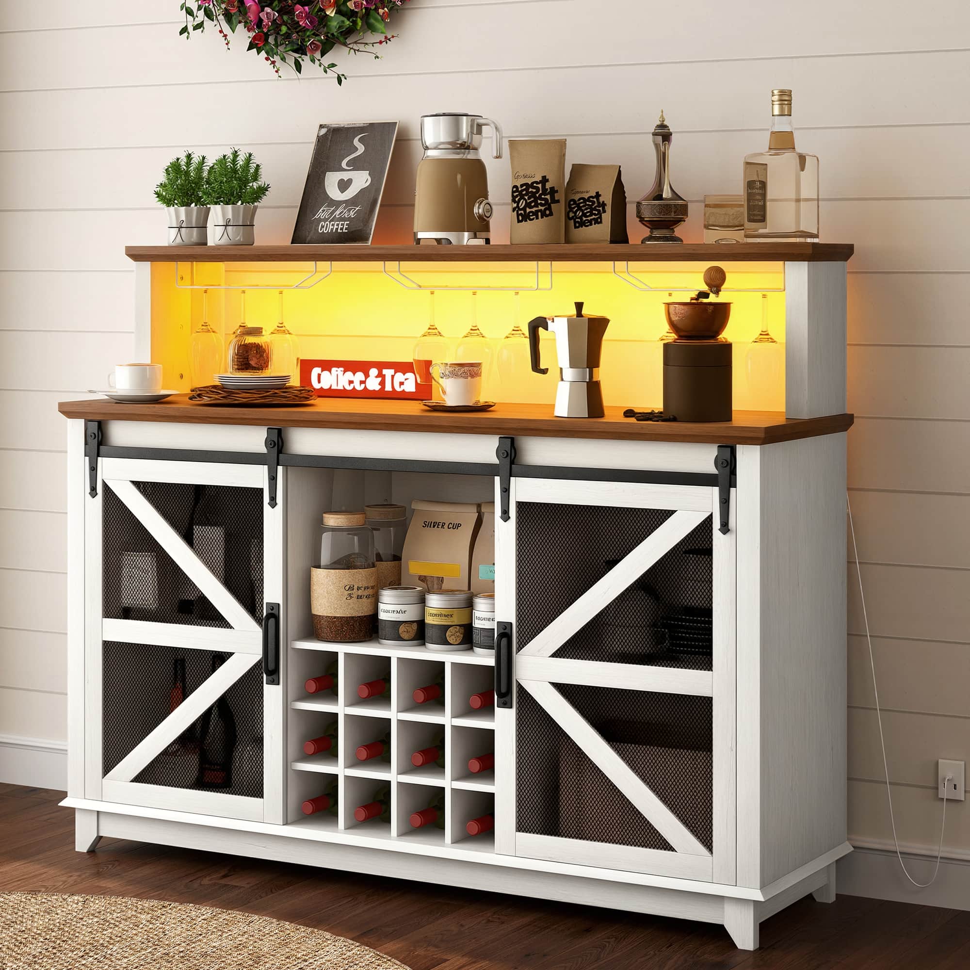Homcom - Coffee Bar Cabinet with Lights, Farmhouse Wine Cabinet with Wine and Glass Racks for Kitchen - Distressed White