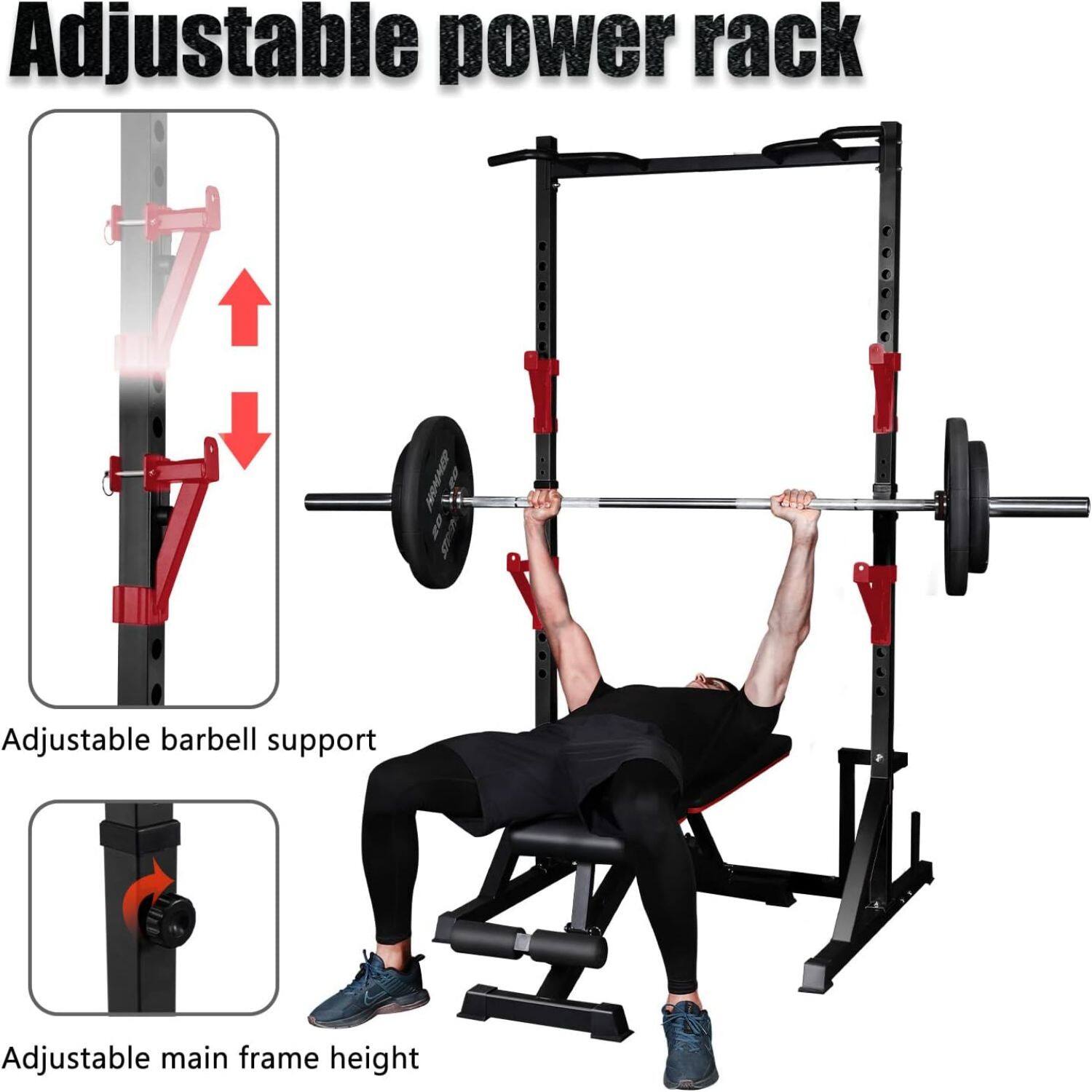 Adjustable power rack

Adjustable barbell support

Adjustable main frame height