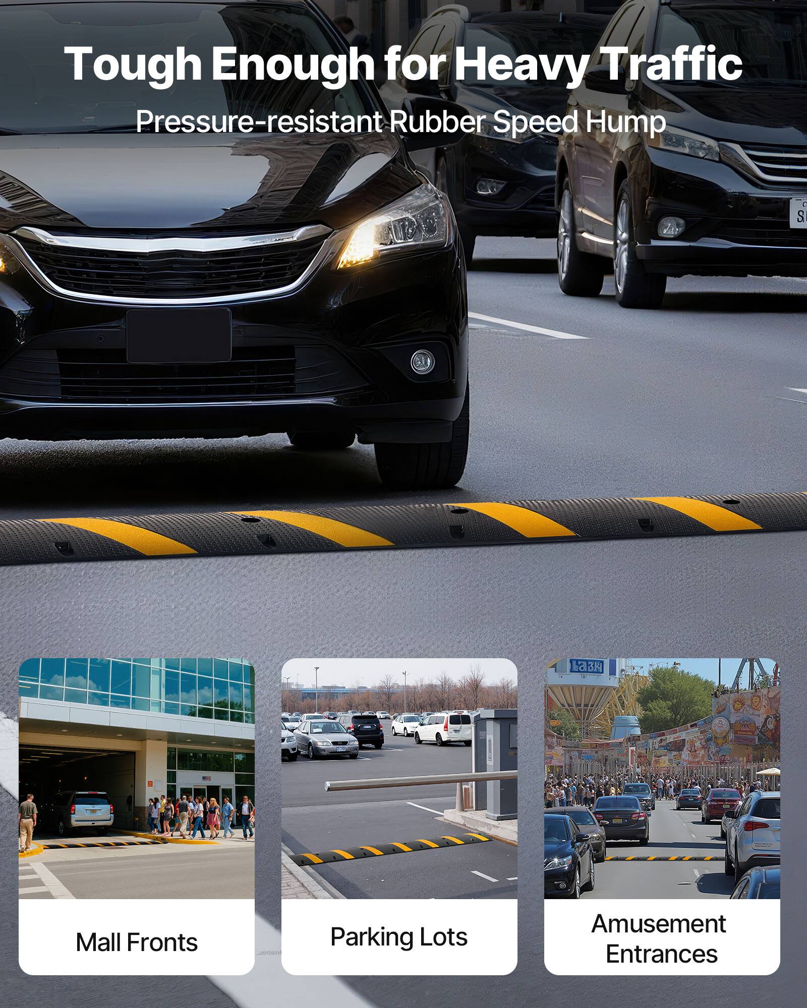 Tough Enough for Heavy Traffic  
Pressure-resistant Rubber Speed Hump  

Mall Fronts  
Parking Lots  
Amusement Entrances