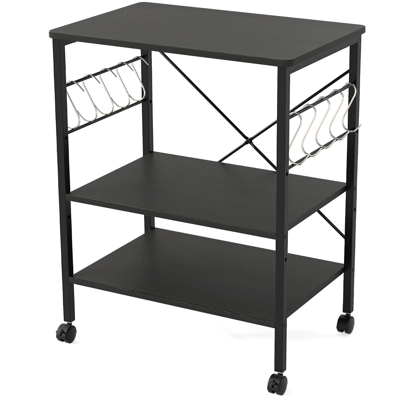 Alt View 9. Costway - Costway 3-Tier Baker's Rack Utility Serving Cart with 10 Removable Hooks, Lockable Casters - Black.