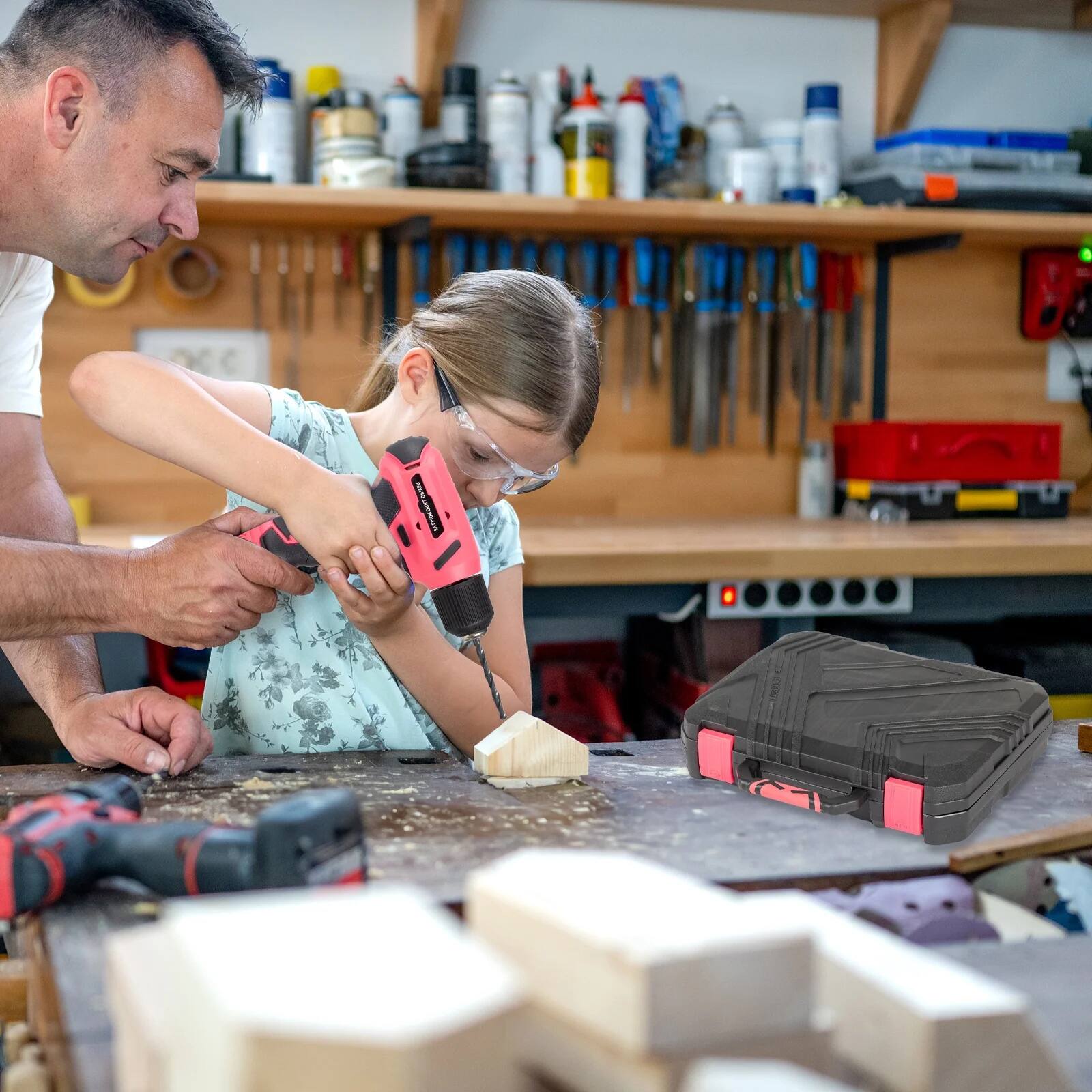 Alt View 6. Winado - 146 Pieces Portable Power Tool Combo Kit DIY Hand Repair Tool with 8V Cordless Drill ,Plier, Wrench, Socket for Workshop - Black & Pink.