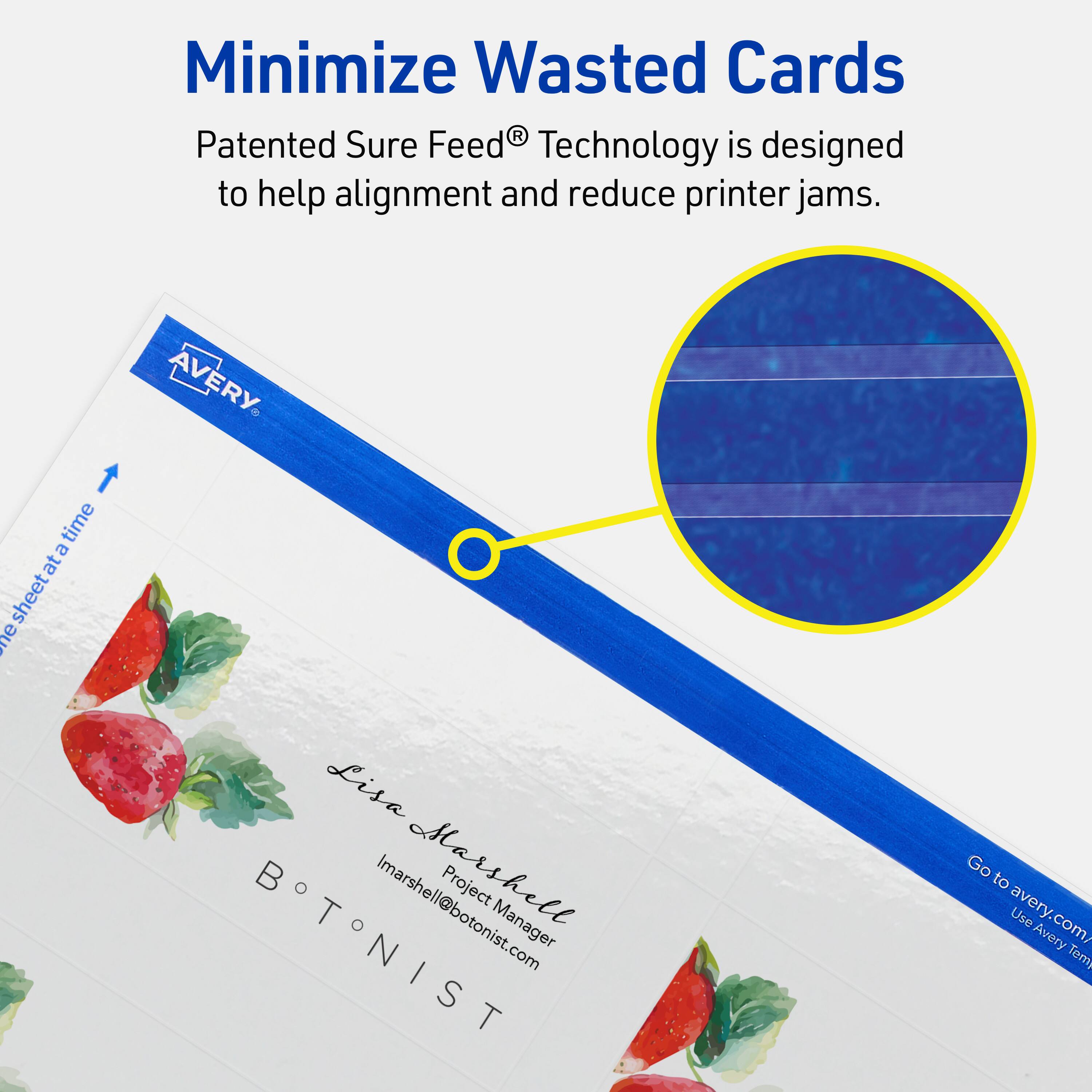 Minimize Wasted Cards

Patented Sure Feed® Technology is designed to help alignment and reduce printer jams.

Lisa Marshall  
Project Manager  
Imarshell@botonist.com

Go to avery.com/  
Use Avery Templates