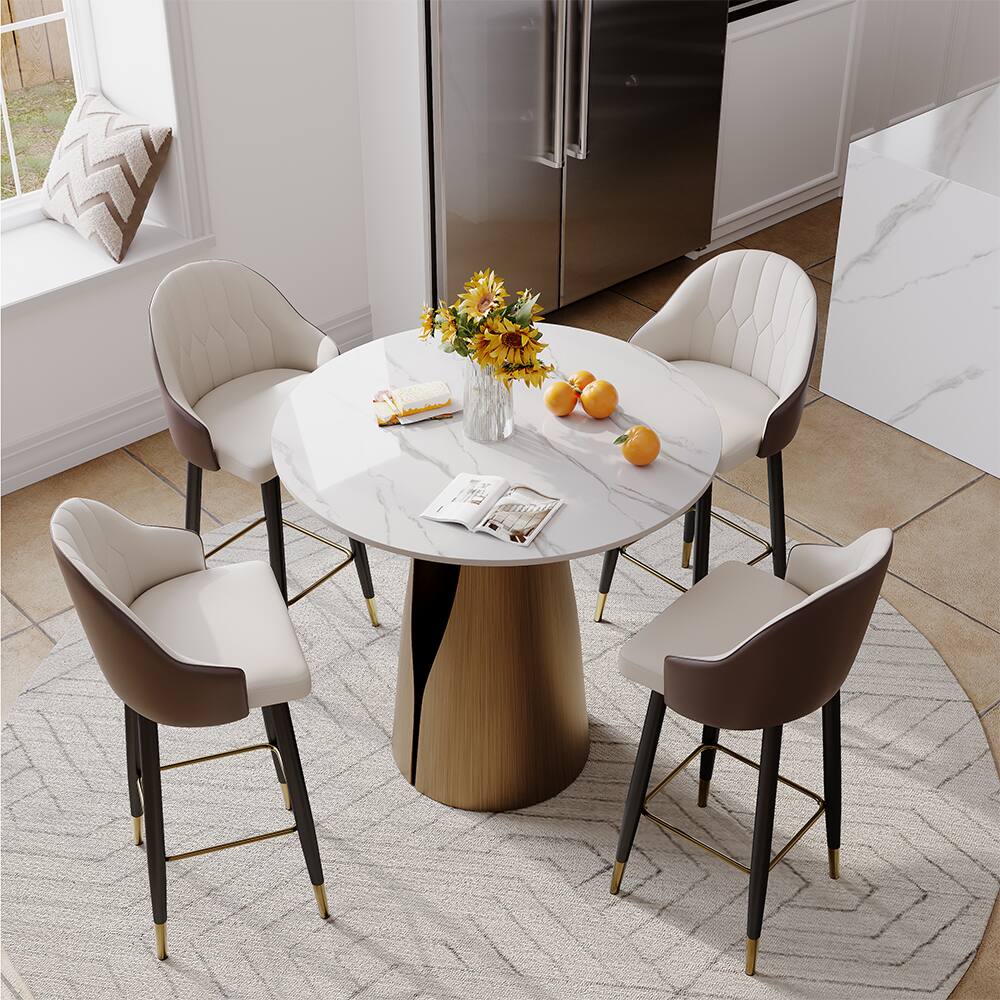 Angle. POVISON - 24" Modern Counter Stools Set of 2, Leather Bar Stools with Backs, Upholstered Bar Stools, Beige Bar Stools, Brown - Brown PU Leather.
