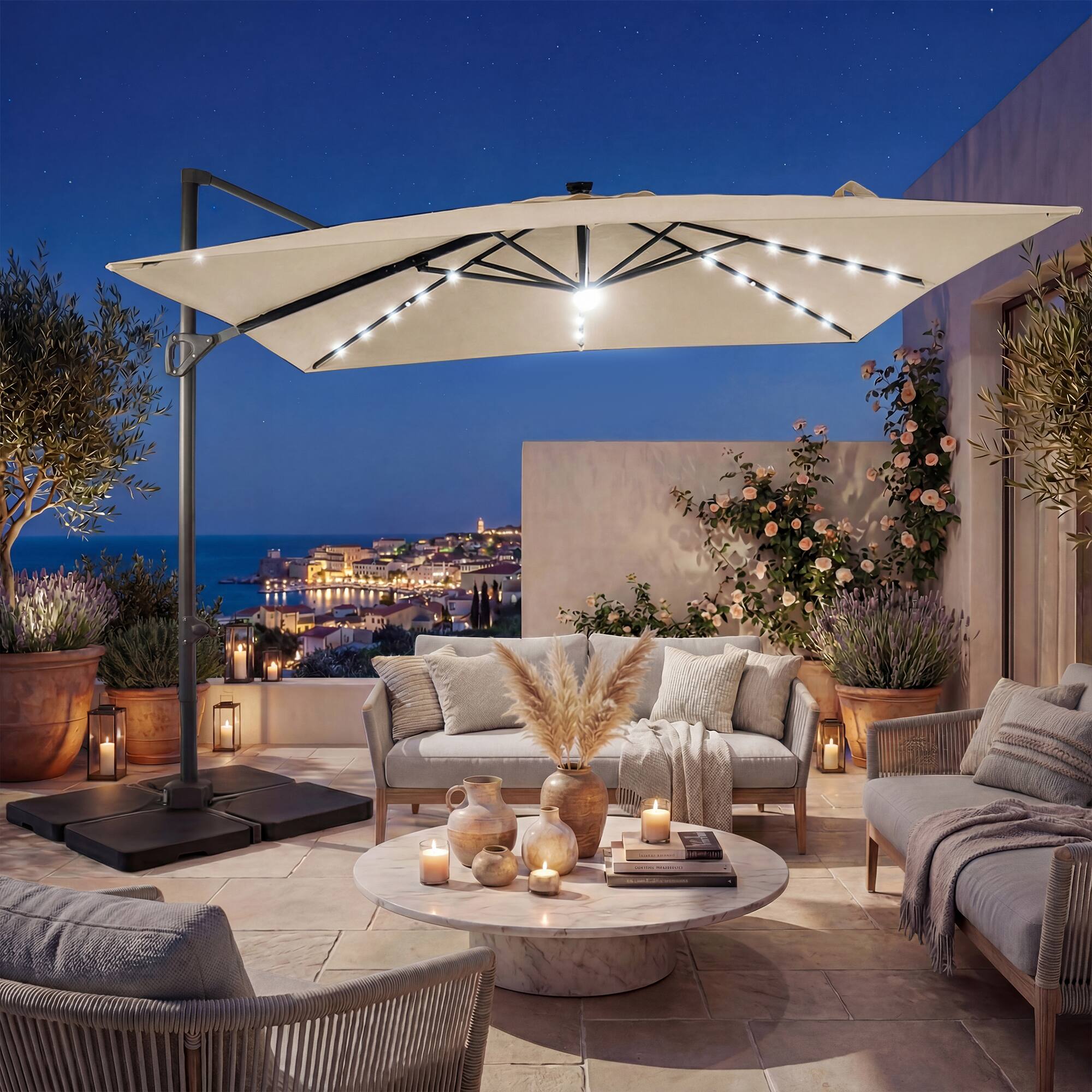 Alt View 1. Costway - Costway 10 FT Cantilever Patio Umbrella with 32 Solar LED Lights, 360° Rotation, Easy Tilt - Beige.
