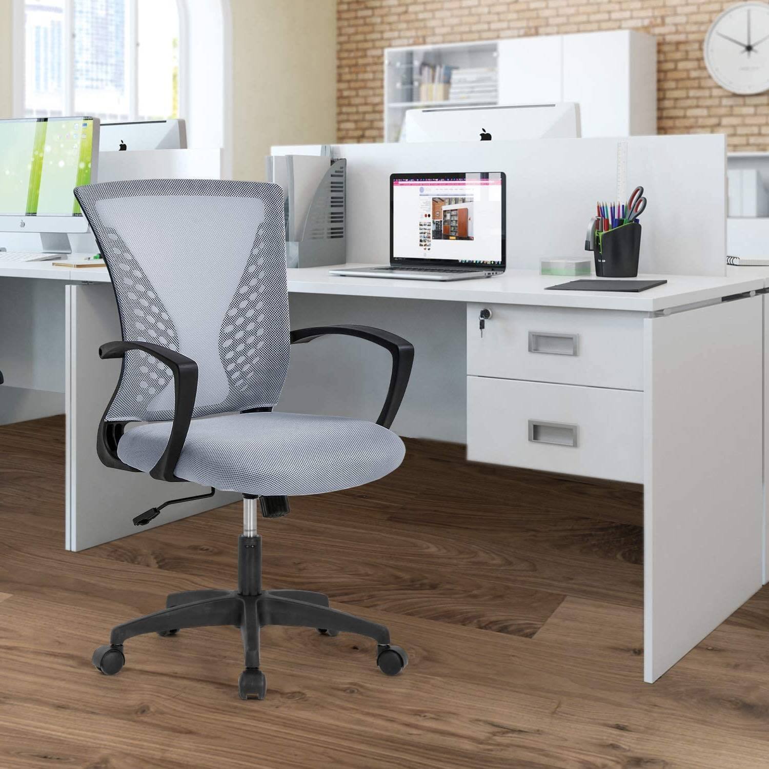 Left. Hivvago - Gray Modern Mid-Back Ergonomic Mesh Office Desk Chair with Armrest on Wheels - Gray.