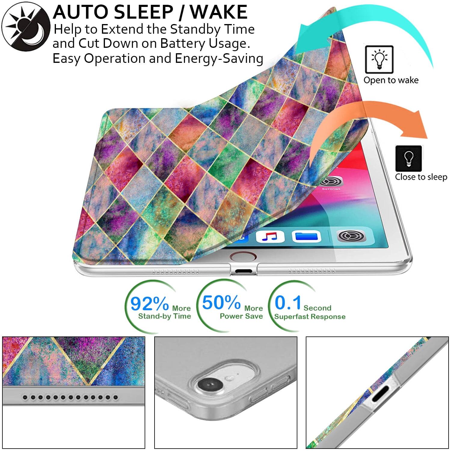 AUTO SLEEP / WAKE  
Help to Extend the Standby Time and Cut Down on Battery Usage.  
Easy Operation and Energy-Saving  

Open to wake  
Close to sleep  

92% More Stand-by Time  
50% More Power Save  
0.1 Second Superfast Response