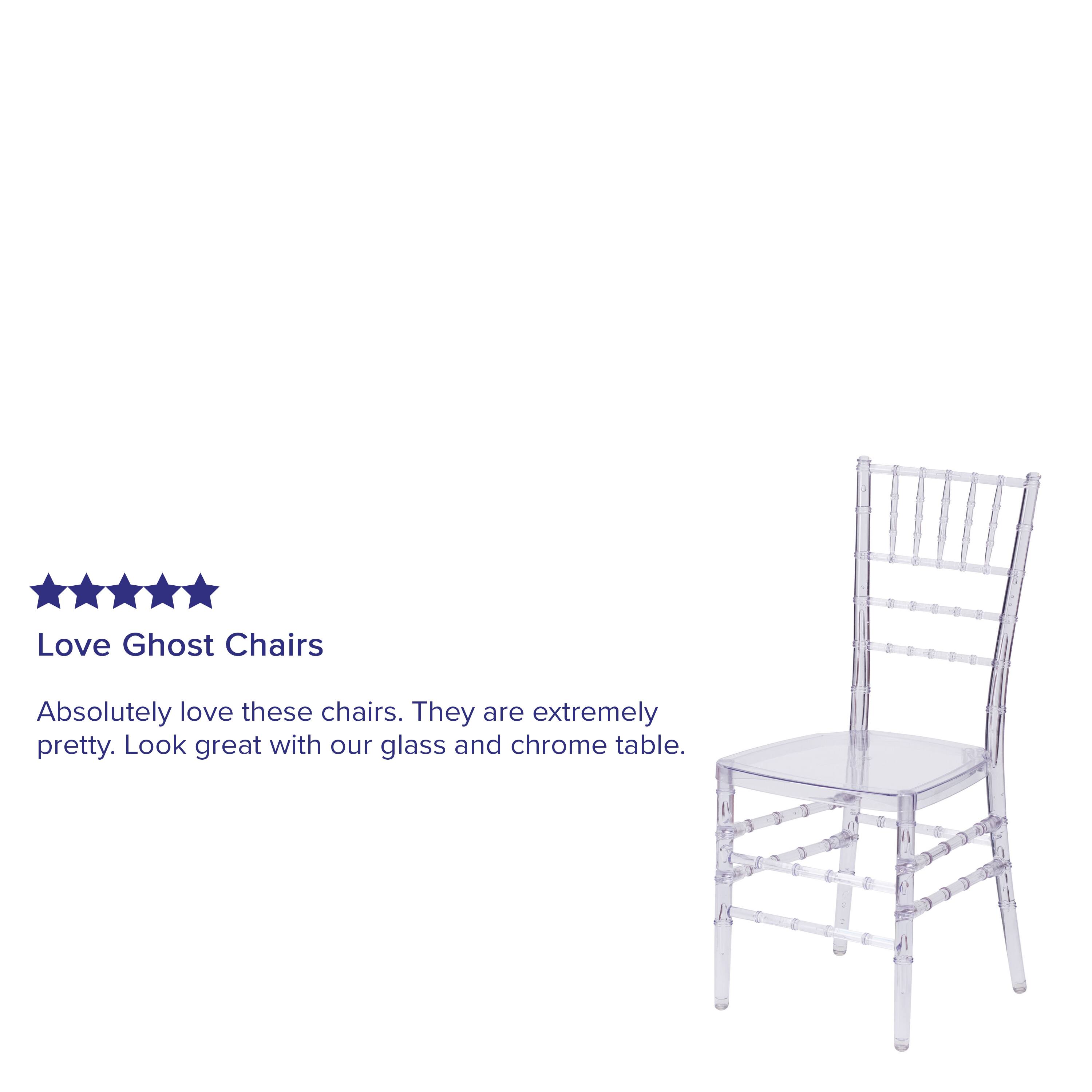 Love Ghost Chairs

Absolutely love these chairs. They are extremely pretty. Look great with our glass and chrome table.