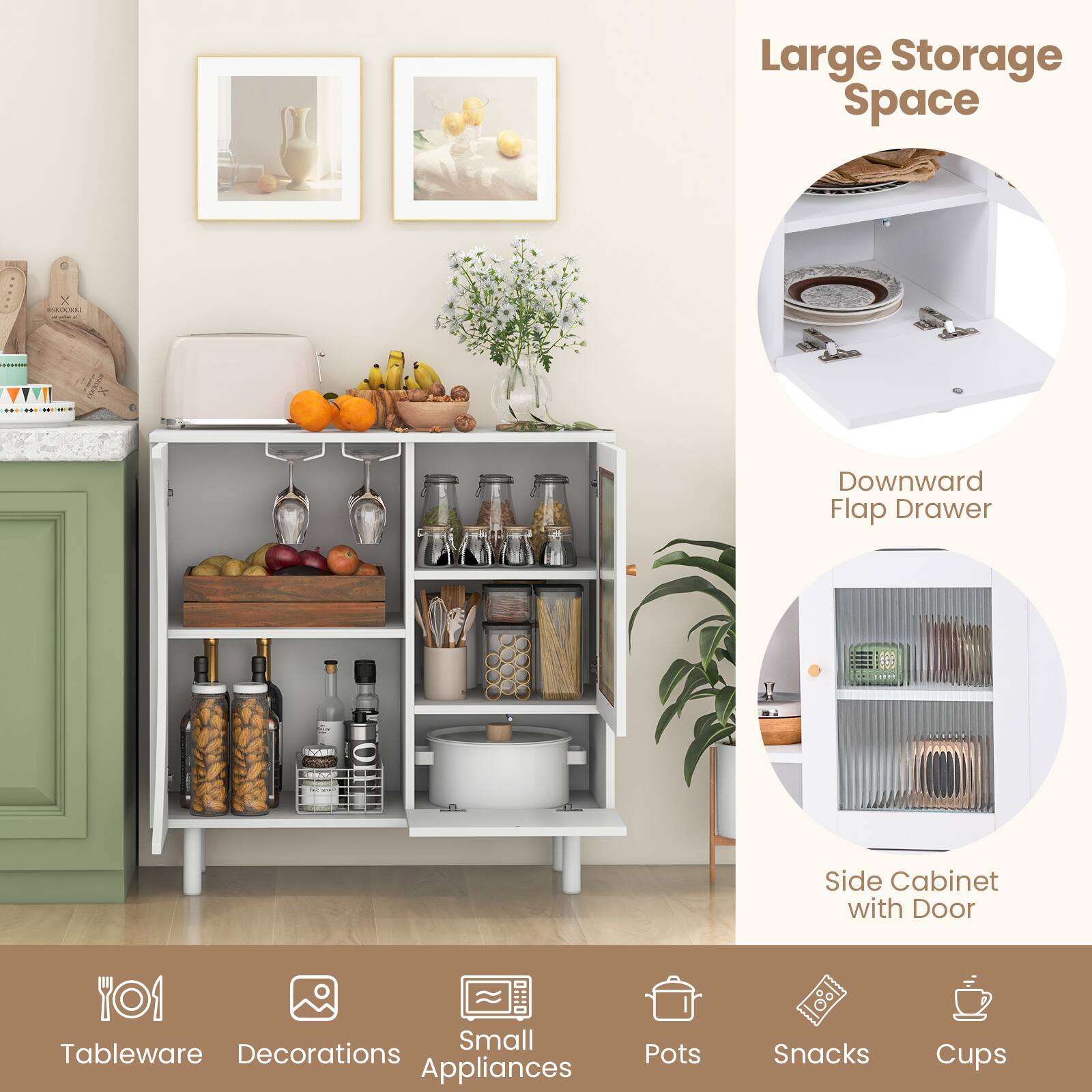 Large Storage Space, Downward Flap Drawer, Side Cabinet with Door, Tableware, Decorations, Small Appliances, Pots, Snacks, Cups