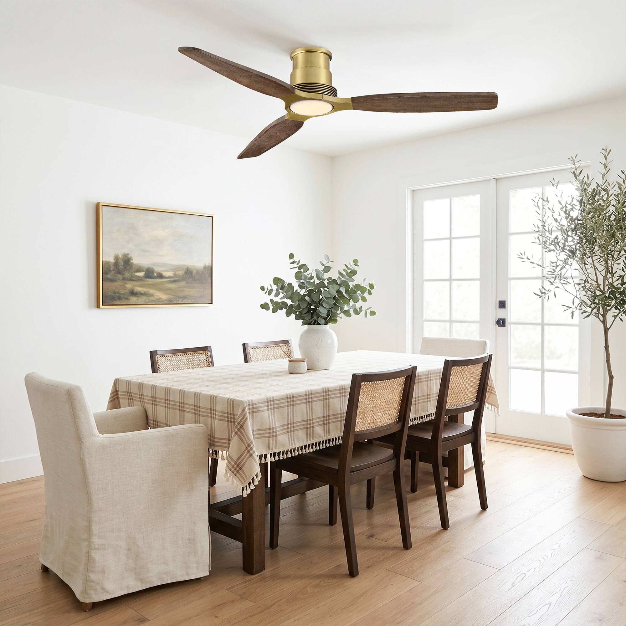Left. Parrot Uncle - 56" Mid Centry Solid Wood Flush Mount Lightweight Ceiling Fan with Diammable LED Light and Remote - Vintage Brass.