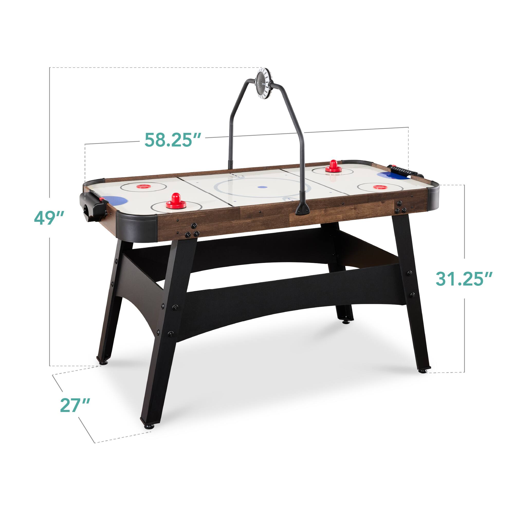 The dimensions of the table are:

- Length: 58.25"
- Width: 49"
- Height: 31.25"
- Depth: 27"